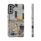 Custodia per Samsung Galaxy con stazione ferroviaria Cinque Terre | Schizzo in bianco e nero con accenti gialli caldi