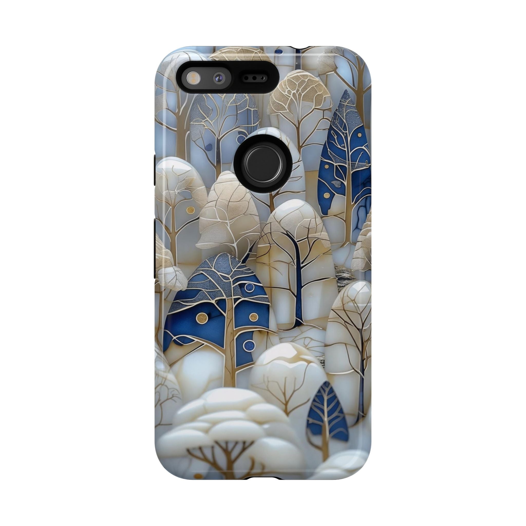 Blue Gold Winter Forest Google Pixel Case — Elegant Tree Pattern Tough Case