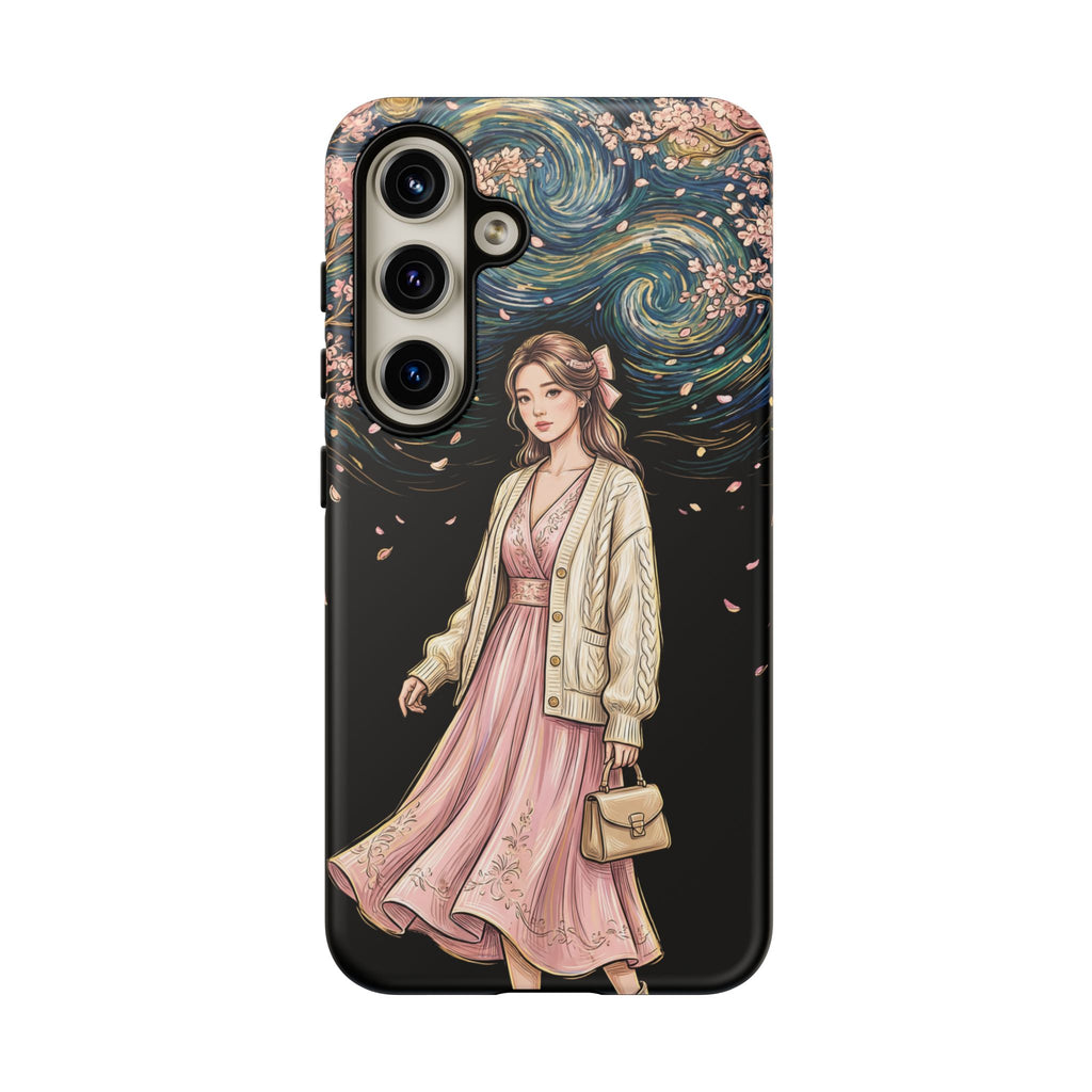 Floral Starry Night Samsung Galaxy Phone Case | Elegant Girl in Pink Dress