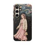 Floral Starry Night Samsung Galaxy Phone Case | Elegant Girl in Pink Dress