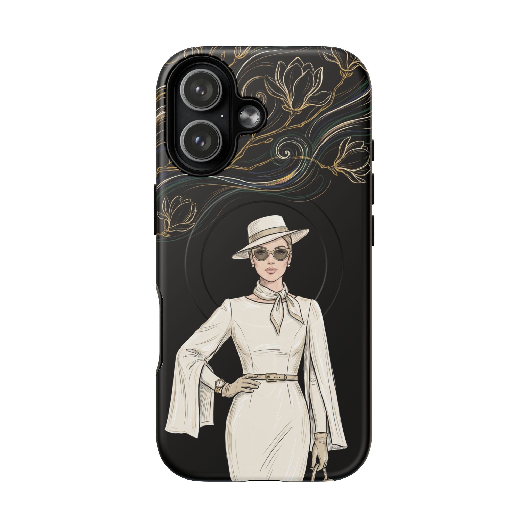MagSafe iPhone Case | Elegant Vintage Lady with Gold Floral Swirls