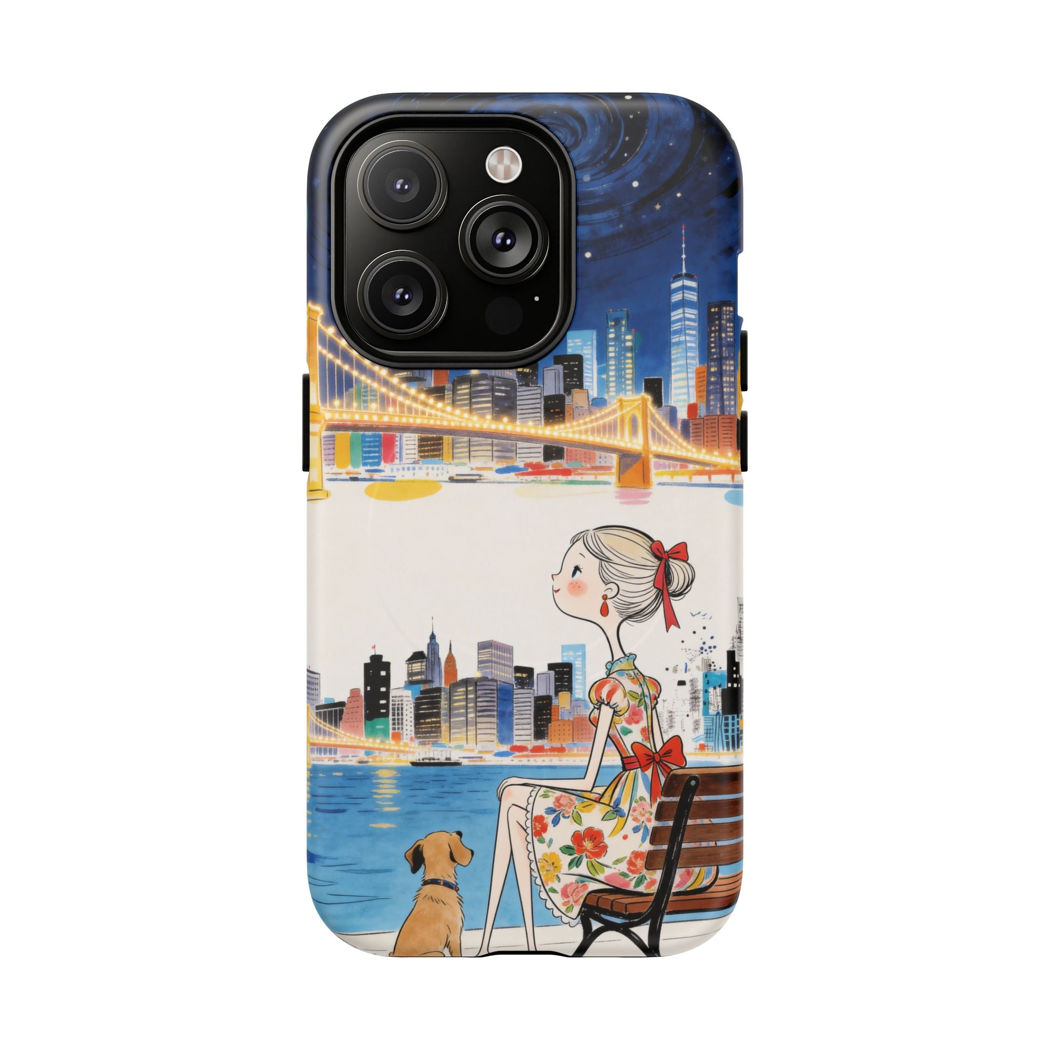 City Night MagSafe iPhone Case | Cute Girl & Dog Bench Illustration