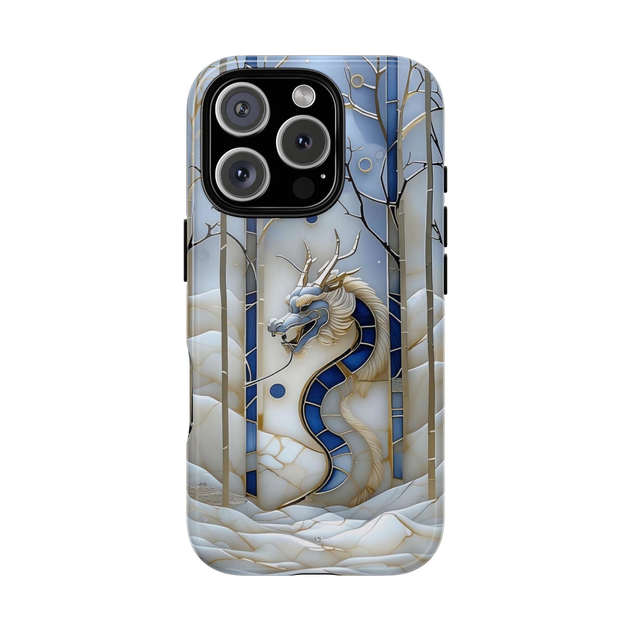 Dragon Stained Glass iPhone Case — Blue Winter Forest Protective Cover