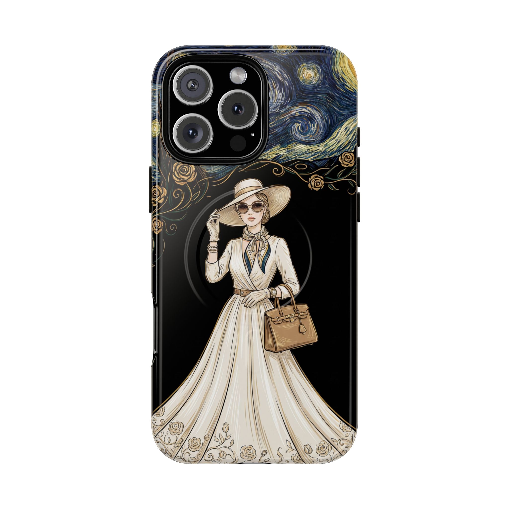 Vintage Starry Night Fashion MagSafe iPhone Case | Elegant Lady in White Dress