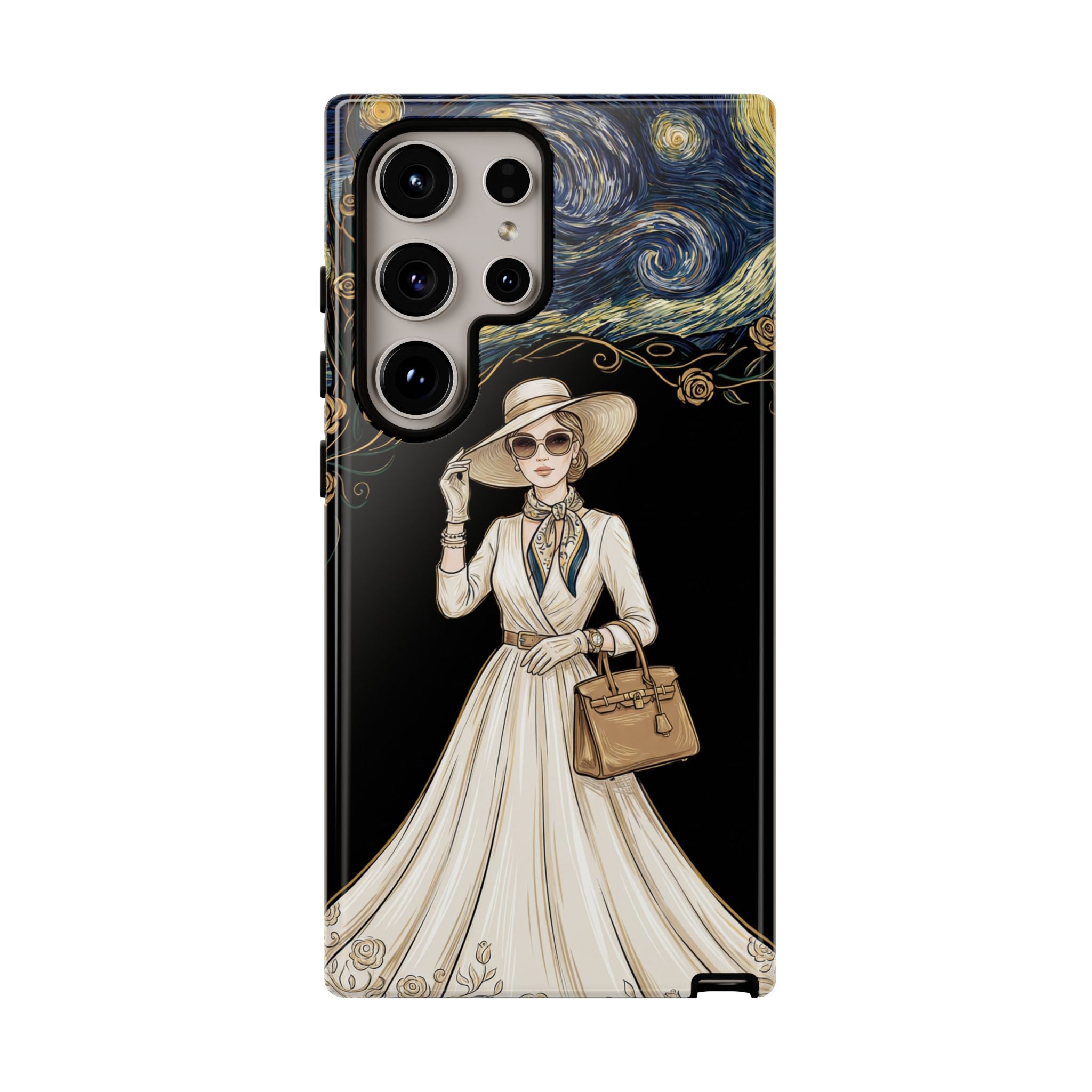 Vintage Starry Night Fashion Samsung Galaxy Phone Case | Elegant Lady in White Dress
