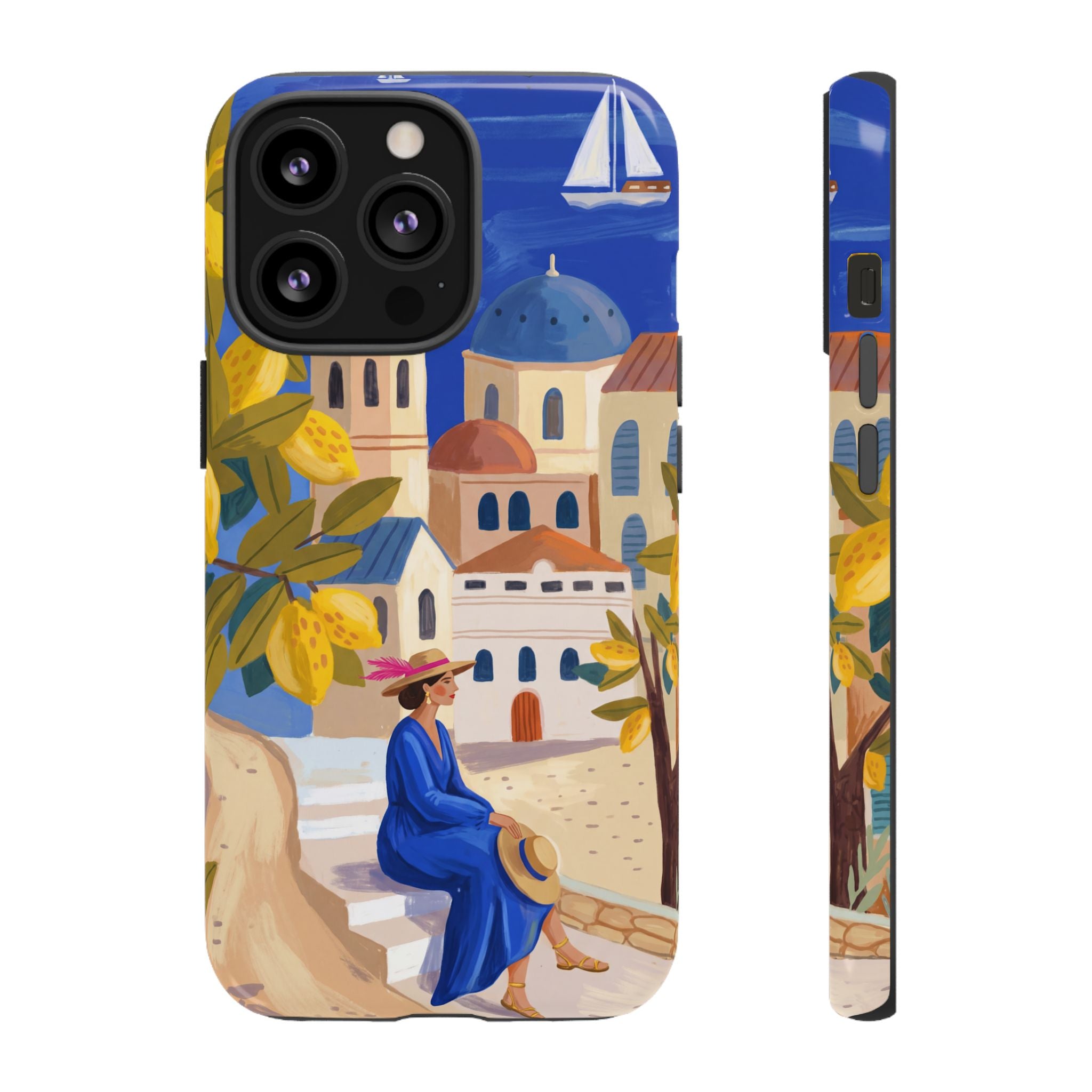 Mediterranean Village iPhone Case | Scenic Sailboat & Lemon Grove Design