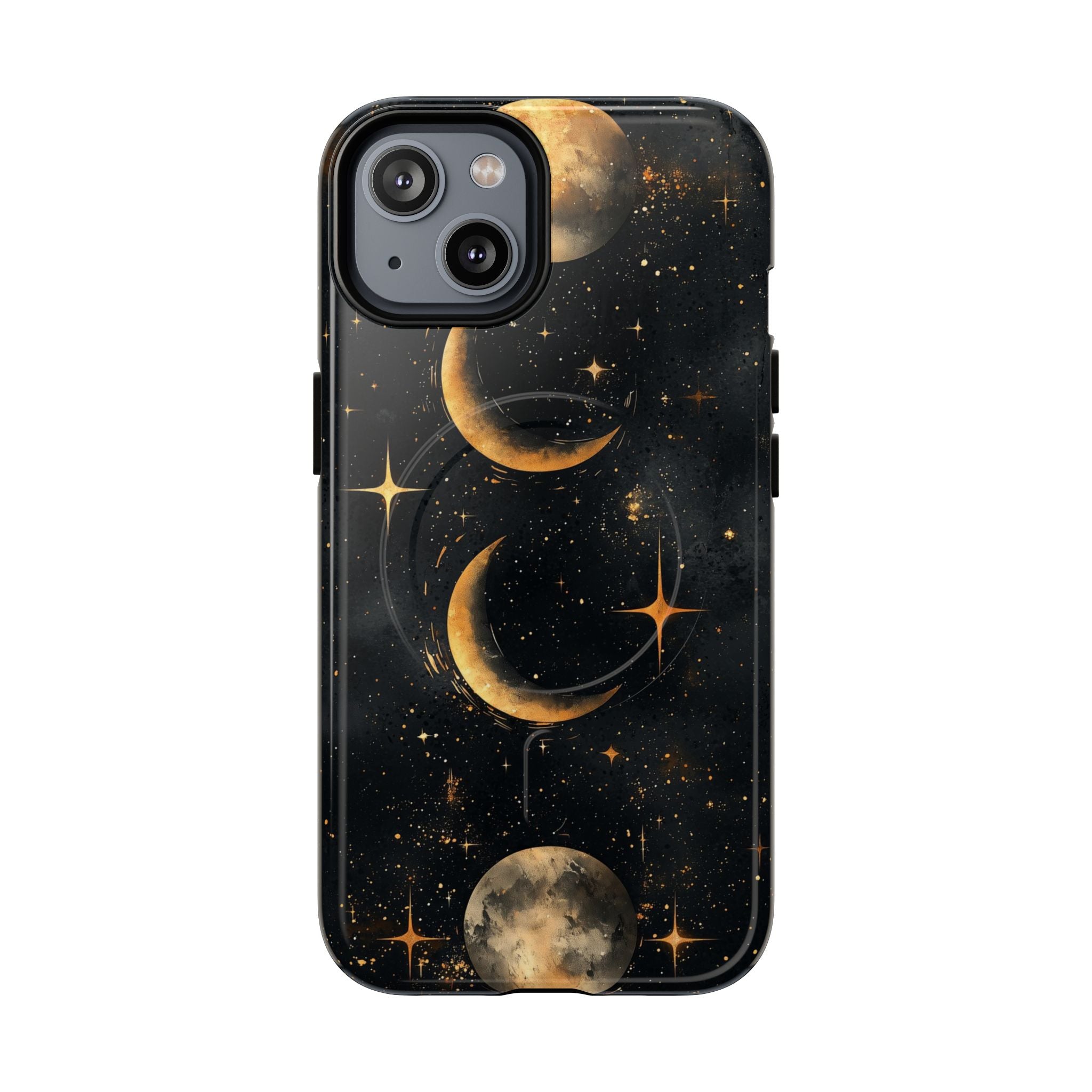 Custodia rigida MagSafe per iPhone con fasi lunari celestiali | Design a forma di galassia con mezzaluna dorata e luna piena