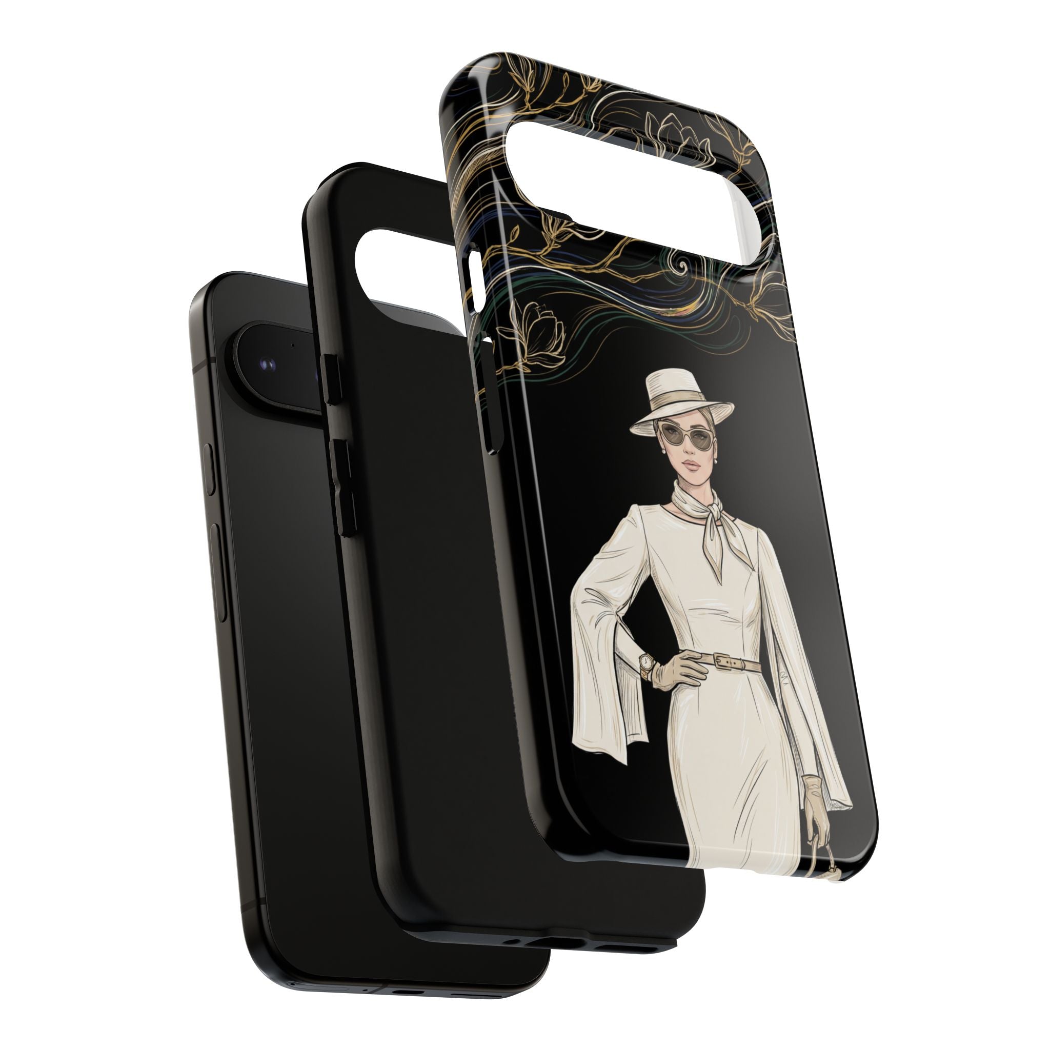 Google Pixel Phone Case | Elegant Vintage Lady with Gold Floral Swirls