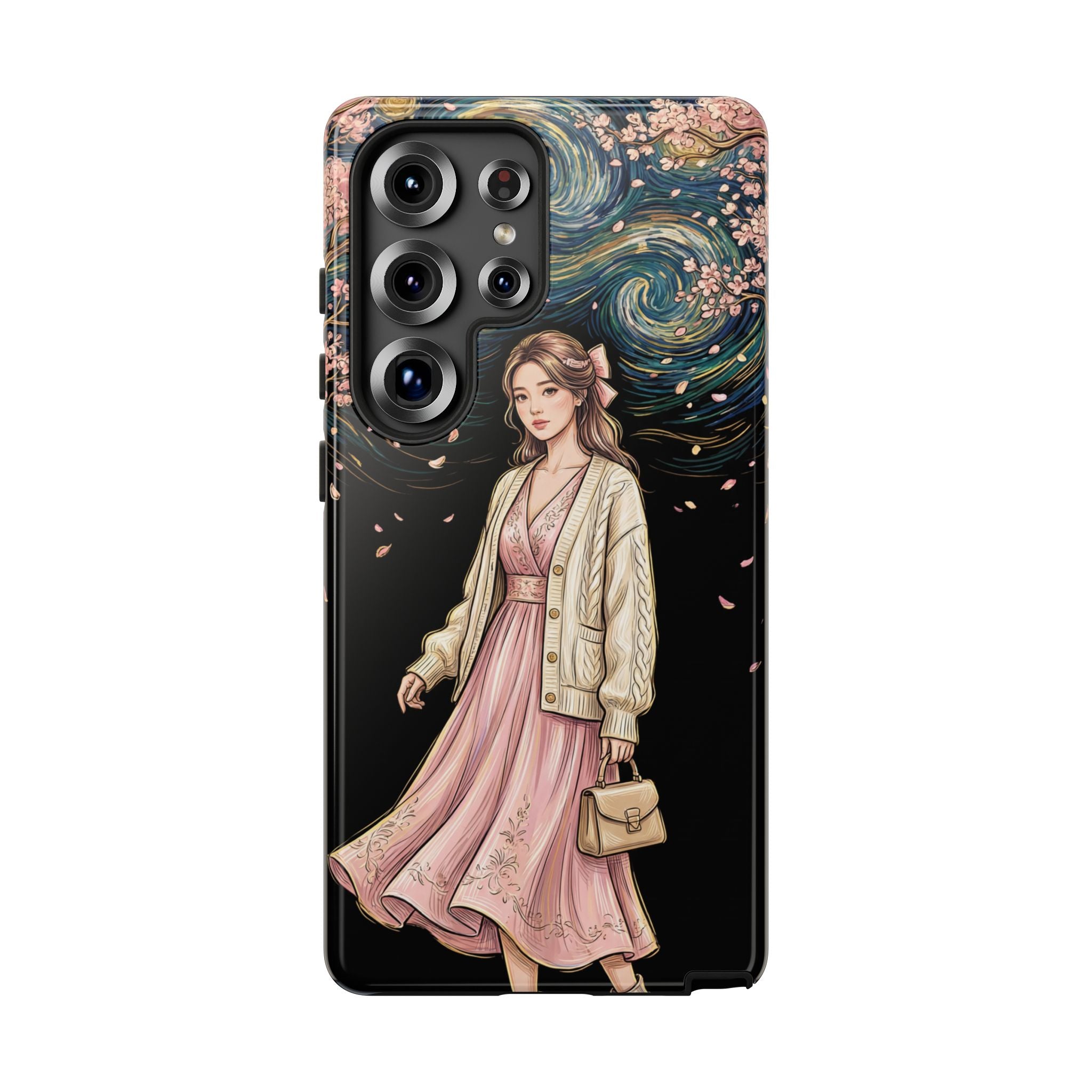 Floral Starry Night Samsung Galaxy Phone Case | Elegant Girl in Pink Dress