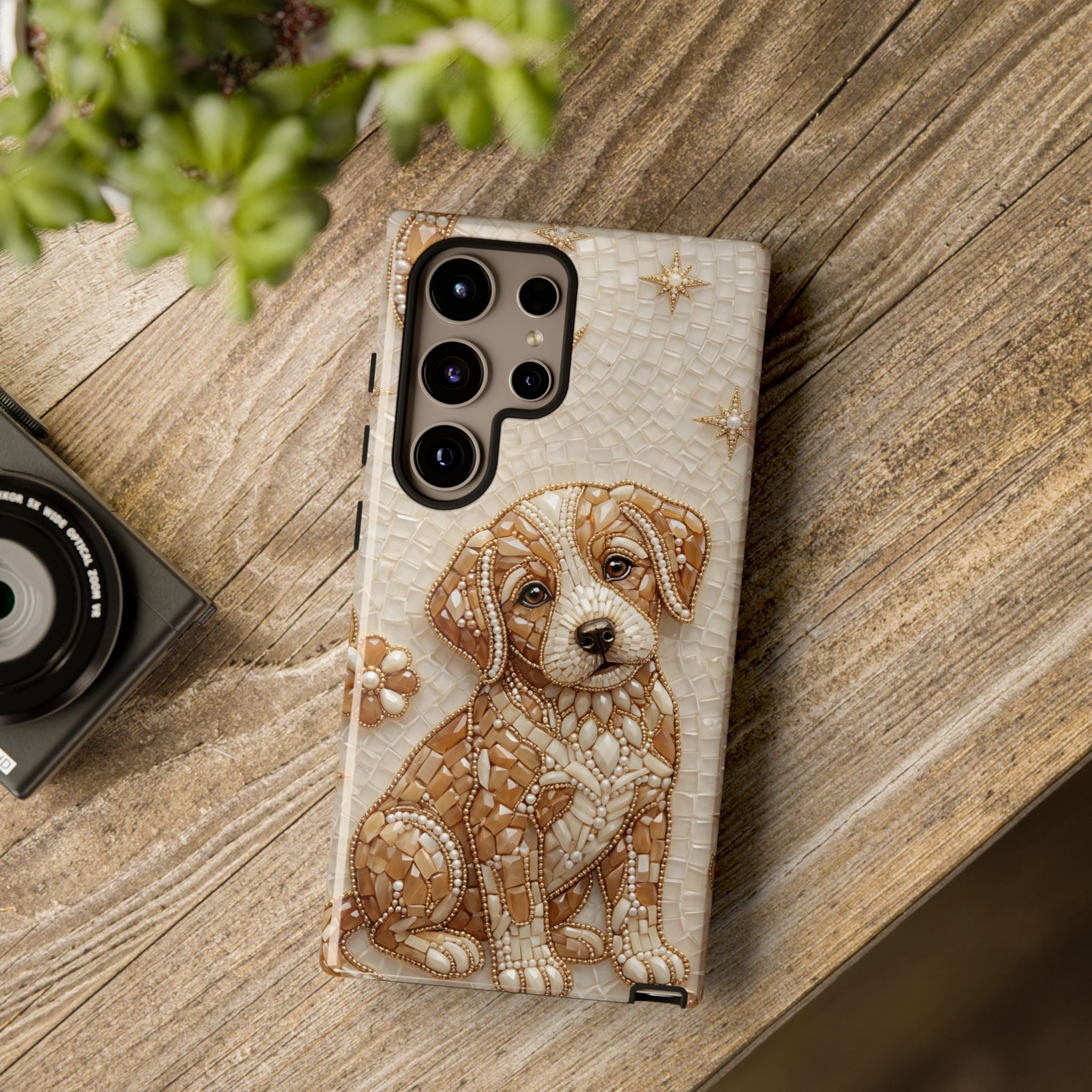 Cute Mosaic Puppy Samsung Galaxy Phone Case — Protective Phone Cover with Brown Puppy Art