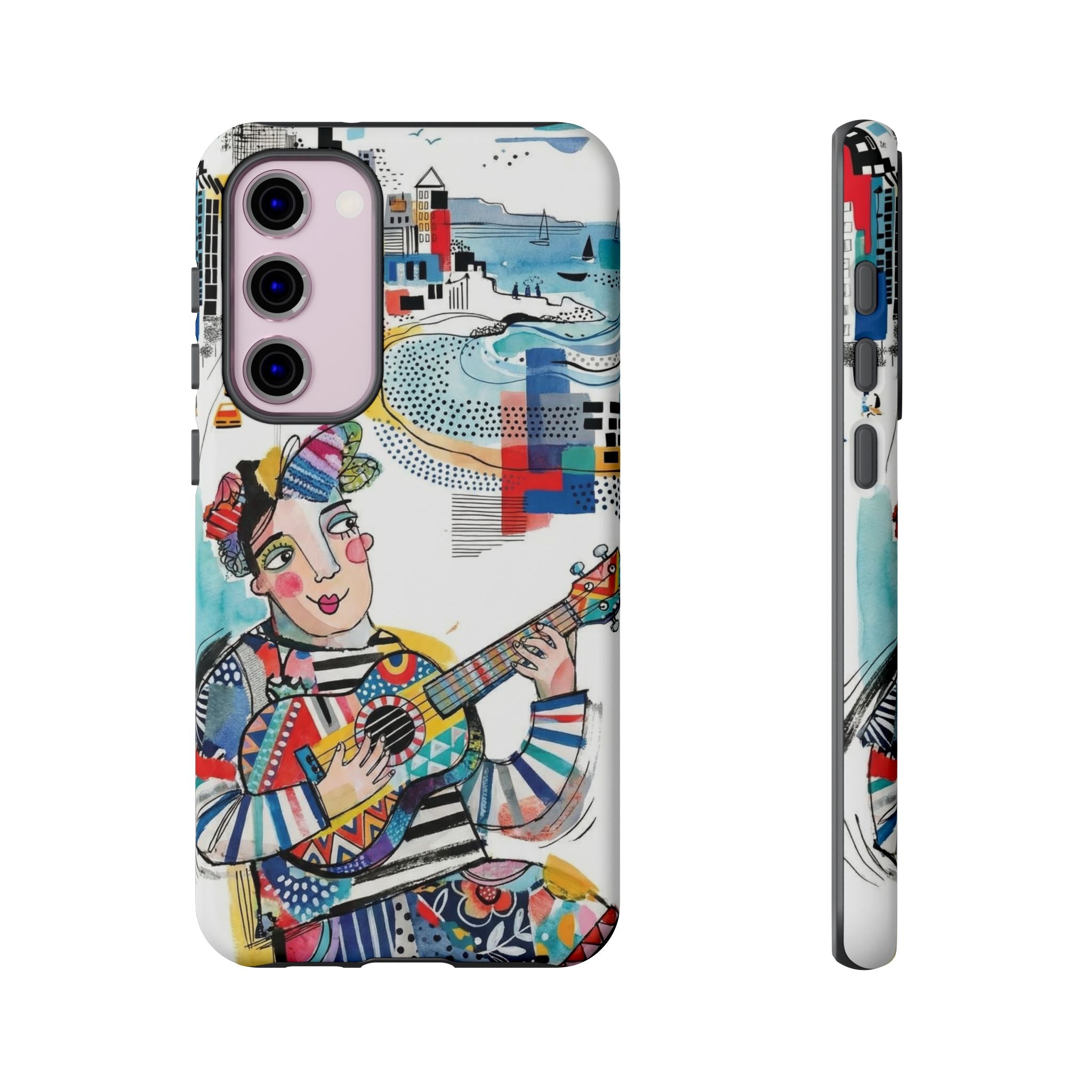 Custodia per Samsung Galaxy per Musicisti Artistici | Custodia Resistente con Chitarra Colorata e Paesaggio Urbano