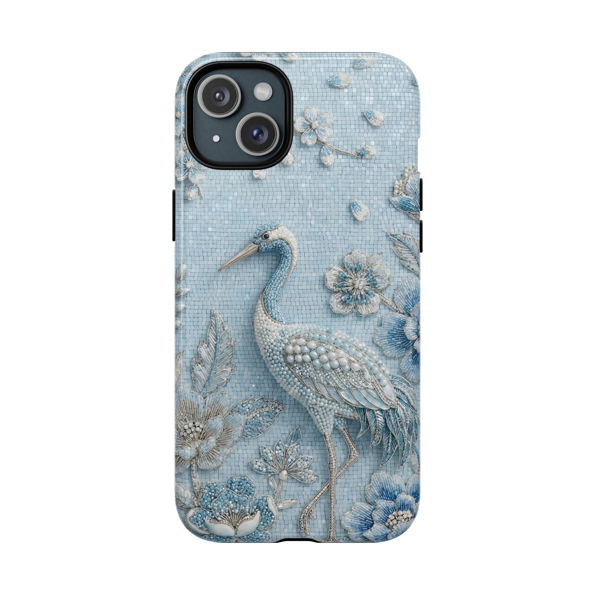 Blue Crane Floral MagSafe iPhone Case | Vintage Embossed Bird Design