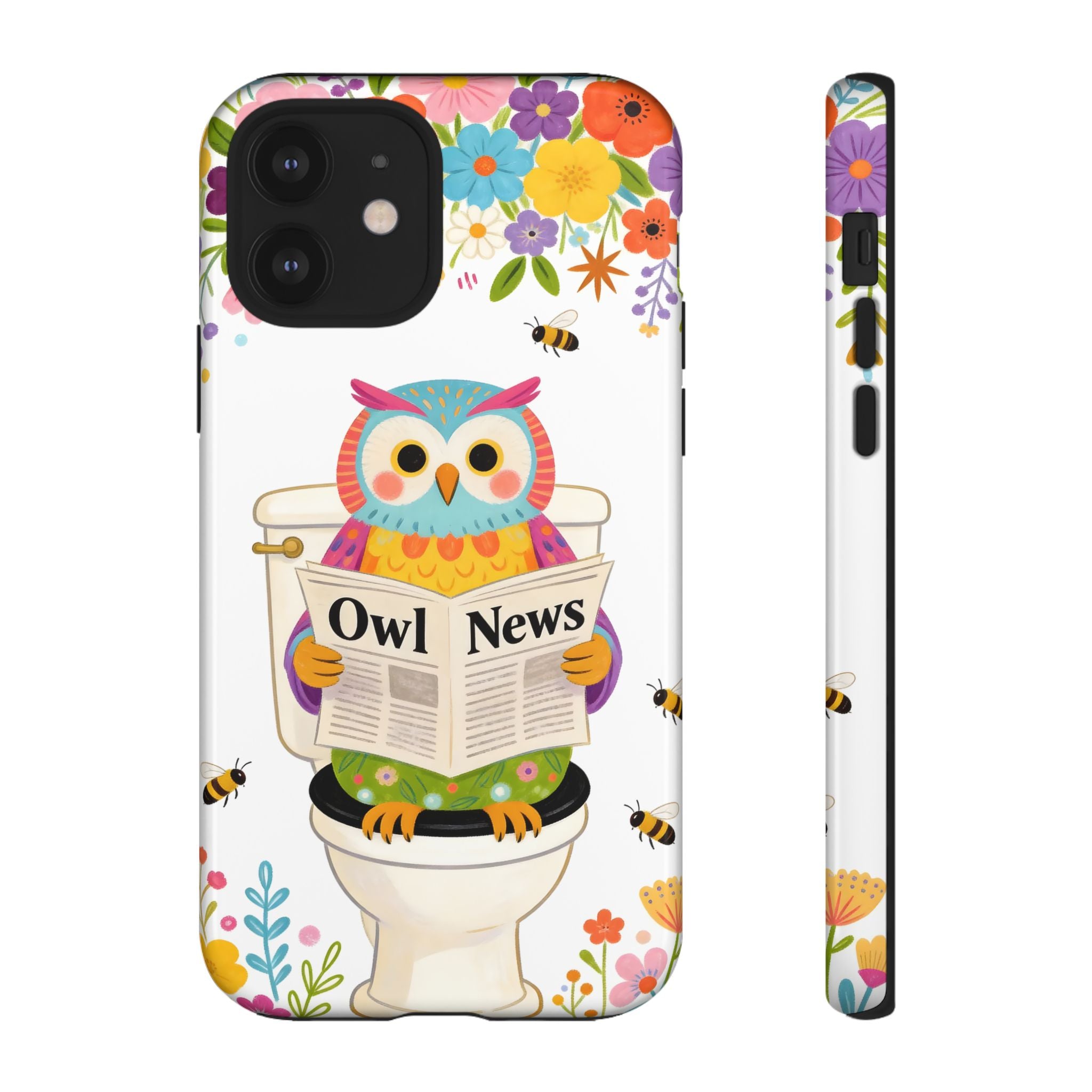 Owl News Floral iPhone Case | Cute Owl Reading Newspaper on Toilet