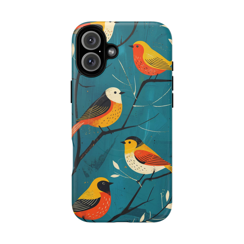 Bird Pattern Tough MagSafe iPhone Case | Colourful Songbirds on Teal Background