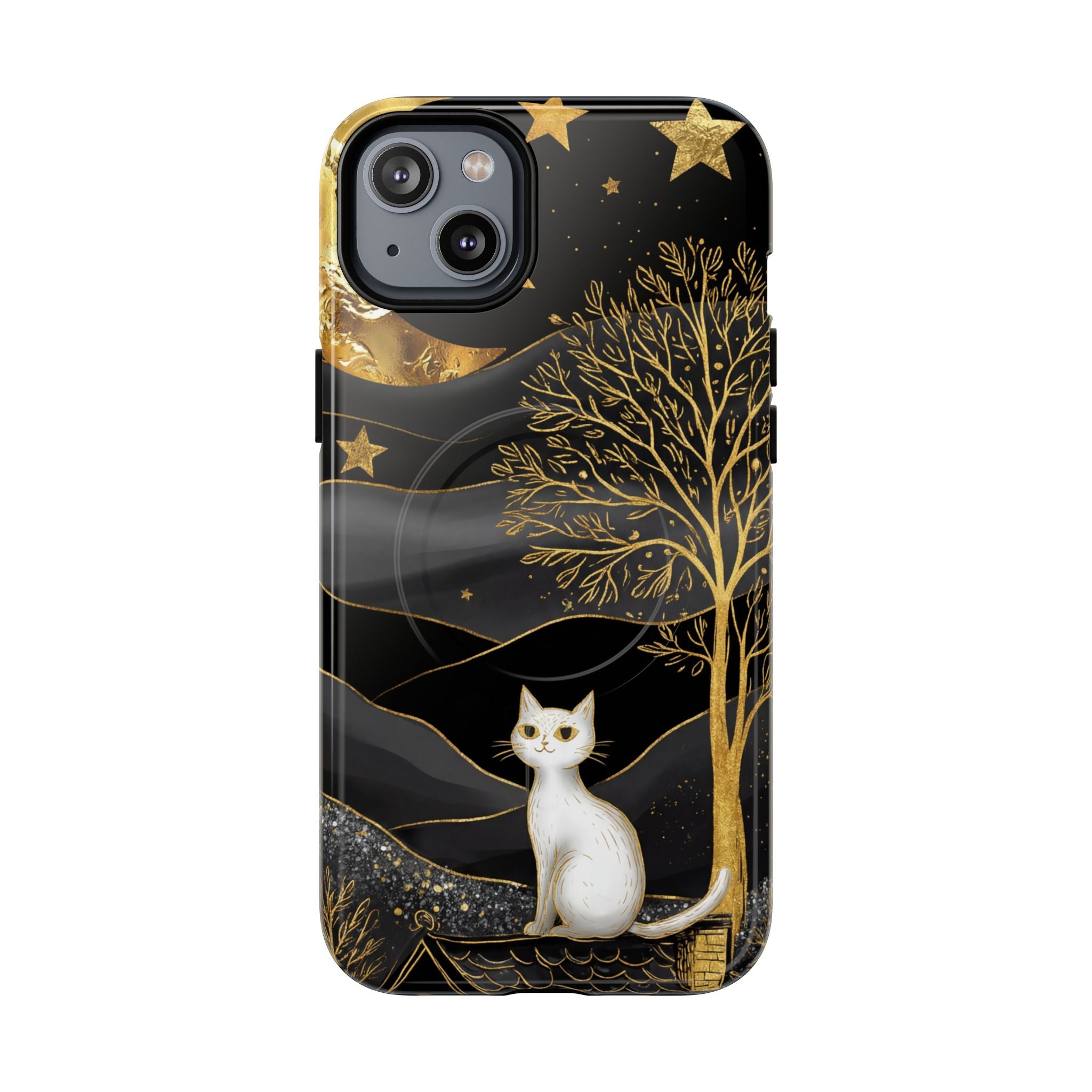 Custodia per iPhone Moonlit Cat | Custodia resistente MagSafe nera e oro