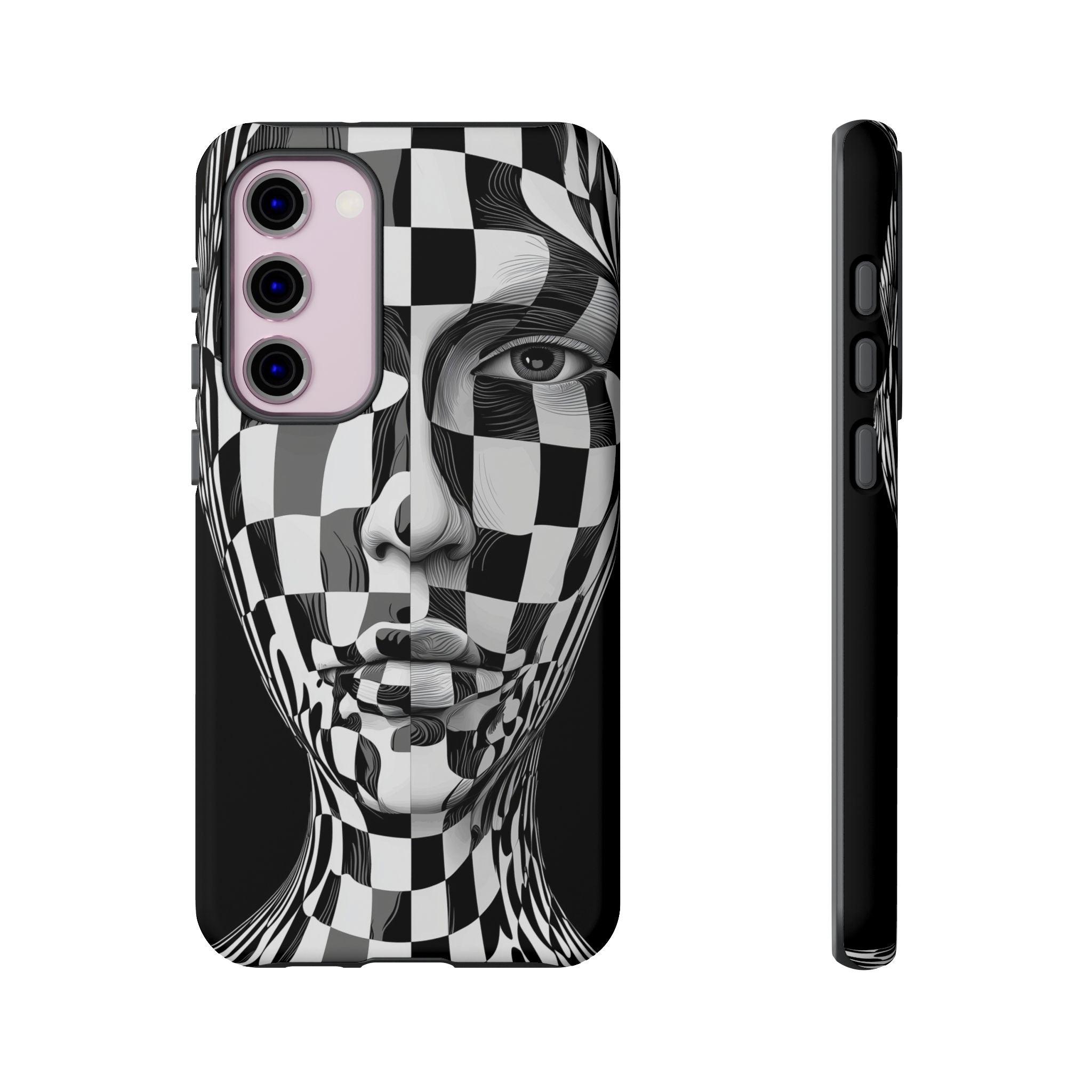 Checkerboard Face Tough Samsung Galaxy Case — Black & White Surreal Art Protective Cover