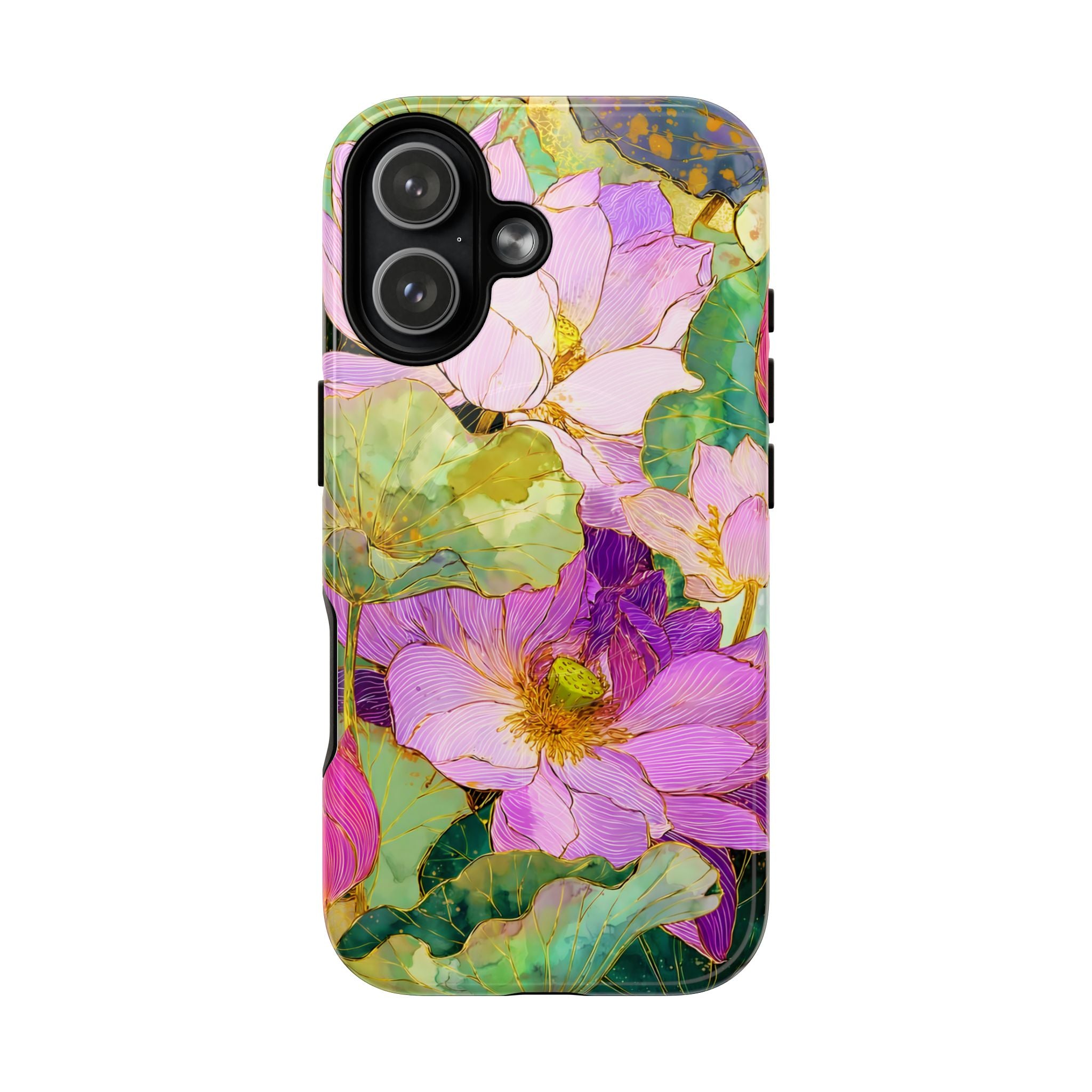 Floral Watercolor Tough MagSafe iPhone Case | Pink Lotus Garden Protective Cover