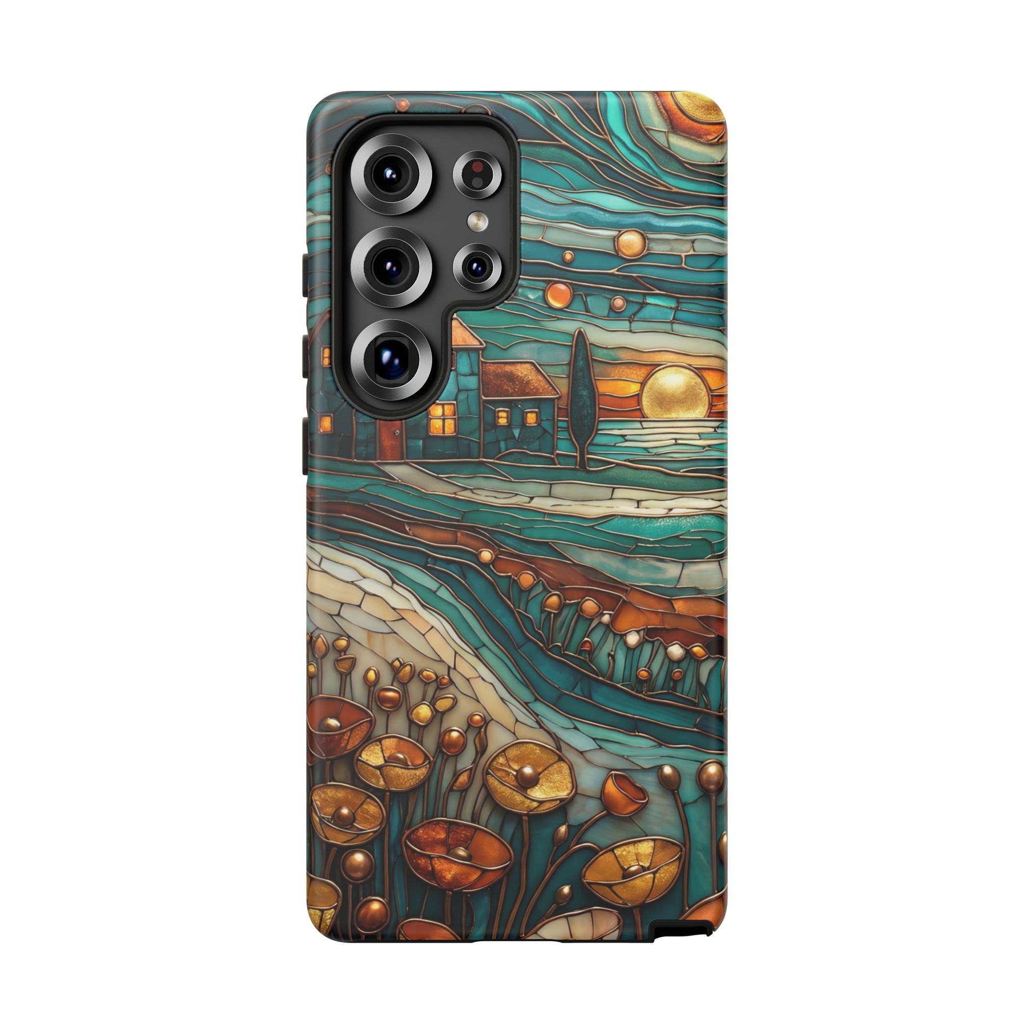 Artistic Sunset Cottage Samsung Galaxy Case | Whimsical Floral Landscape Protective Cover