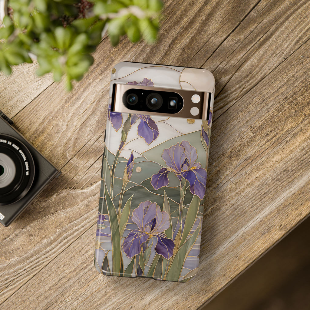 Stained Glass Iris Google Pixel Phone Case | Purple Floral Phone Case