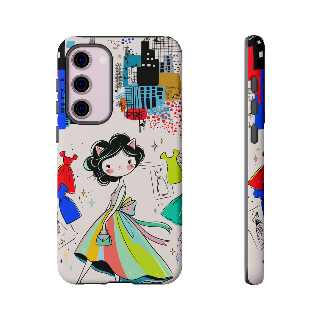 Retro Fashion Cat Girl Samsung Galaxy Phone Case | Cute Dress & City Print