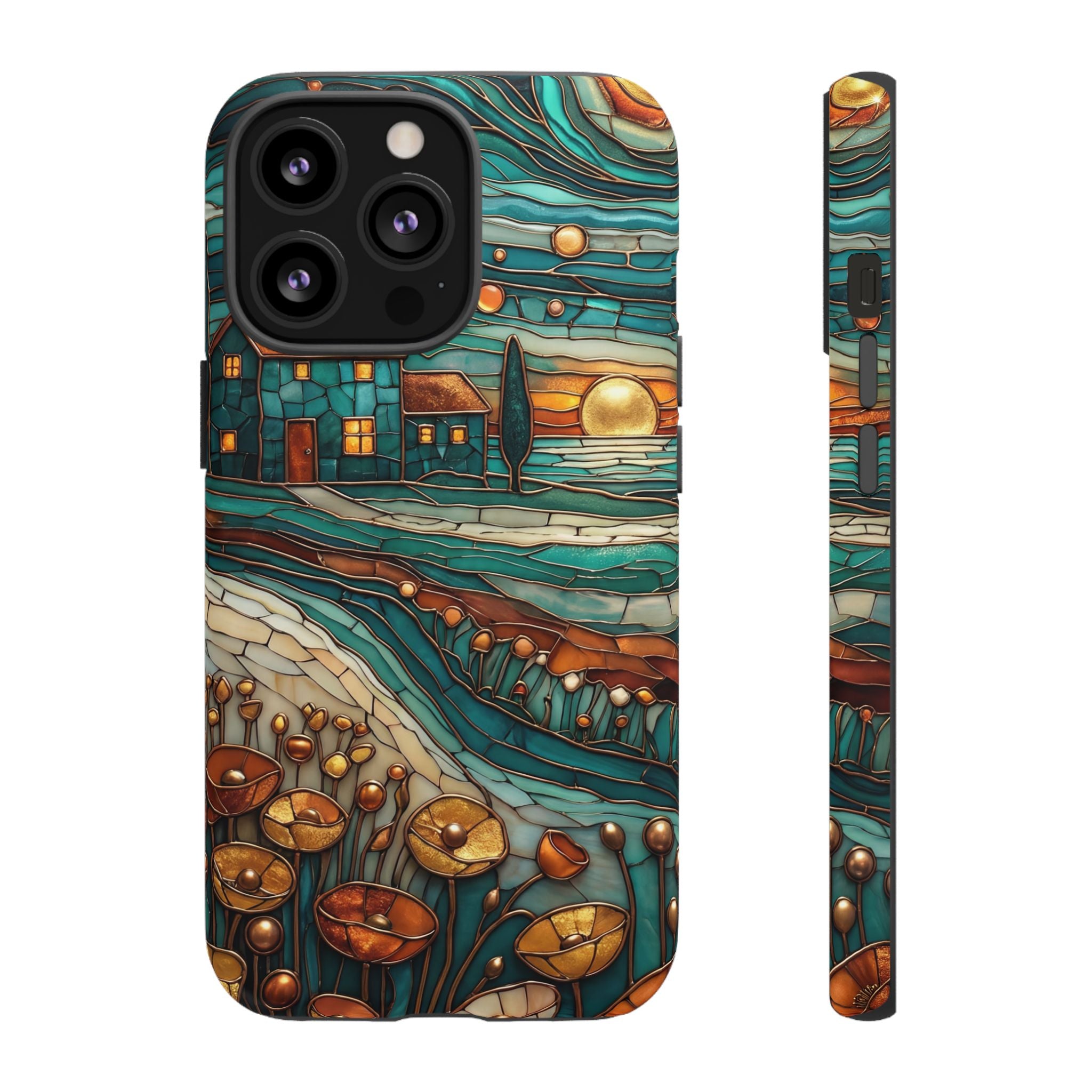 Artistic Sunset Cottage iPhone Case | Whimsical Floral Landscape Protective Cover