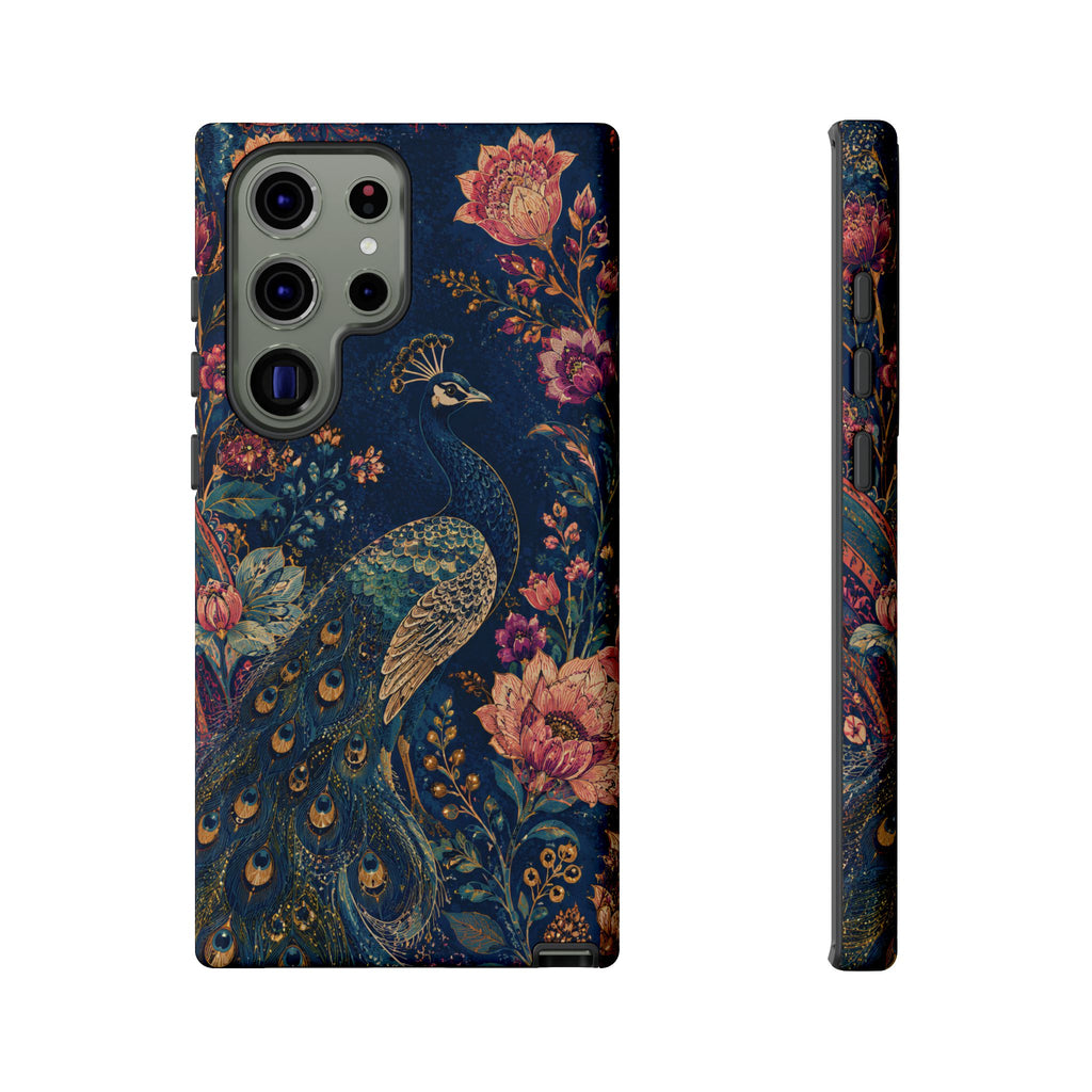 Peacock Floral Tough Samsung Galaxy Phone Case | Antique Indigo Gold Art Cover