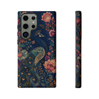 Peacock Floral Tough Samsung Galaxy Phone Case | Antique Indigo Gold Art Cover