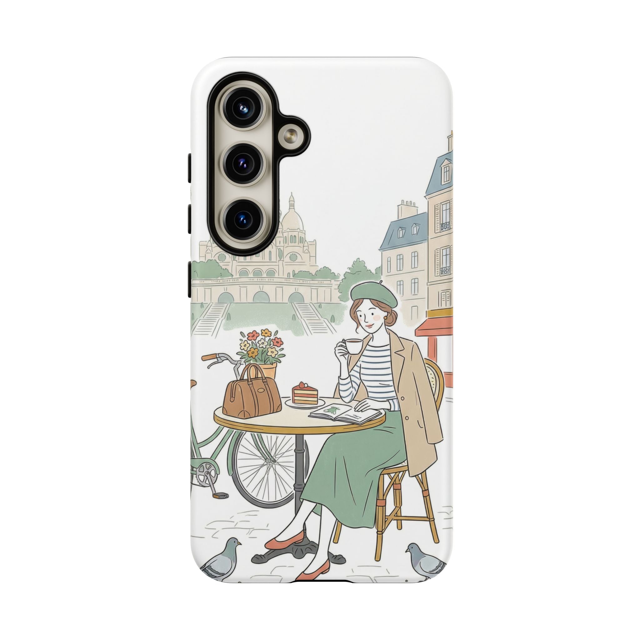 Paris Cafe Illustration Samsung Galaxy Phone Case | Vintage Bicycles & Pigeons Protective Cover