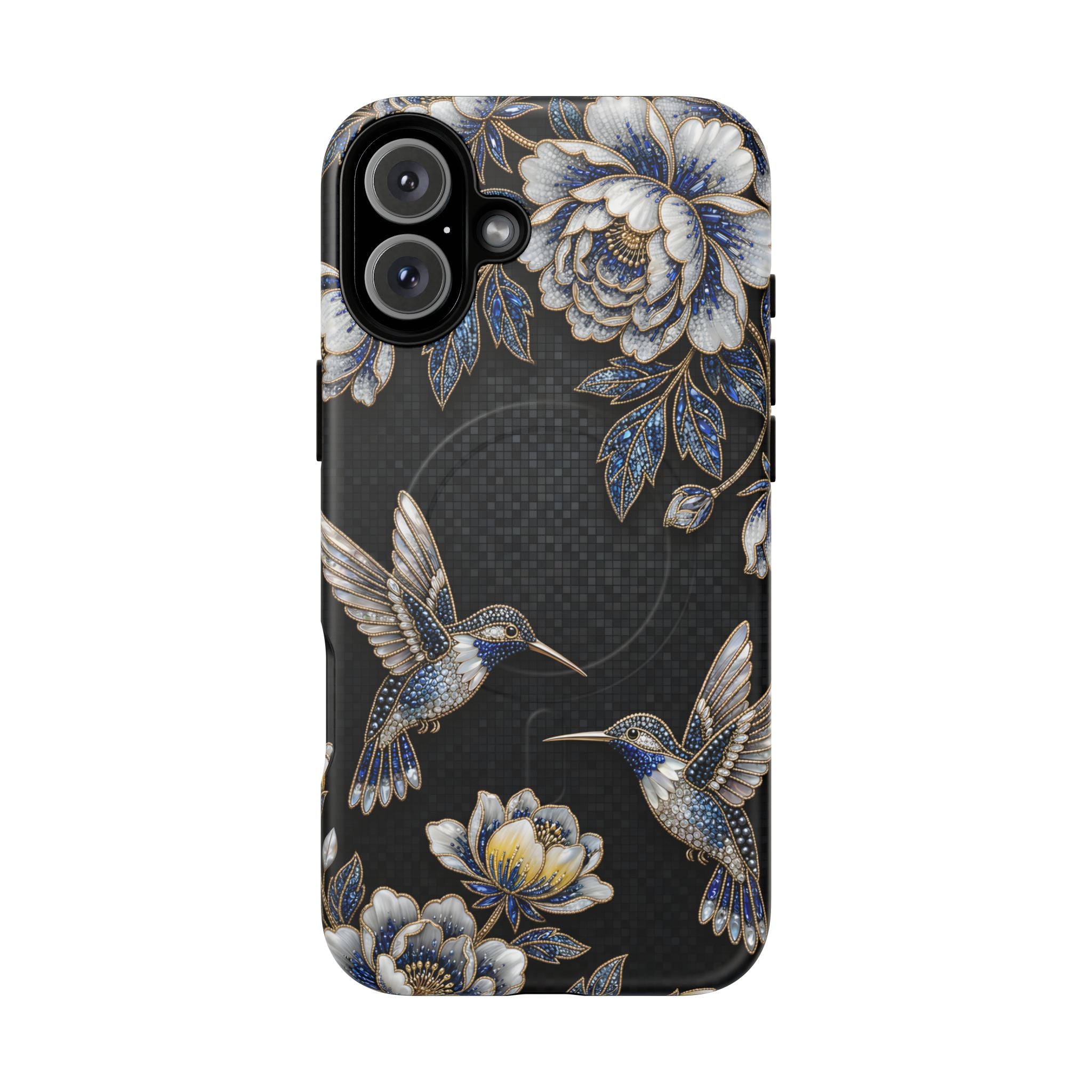 Hummingbird & Peony Floral MagSafe iPhone Case | Elegant Black Protective Cover