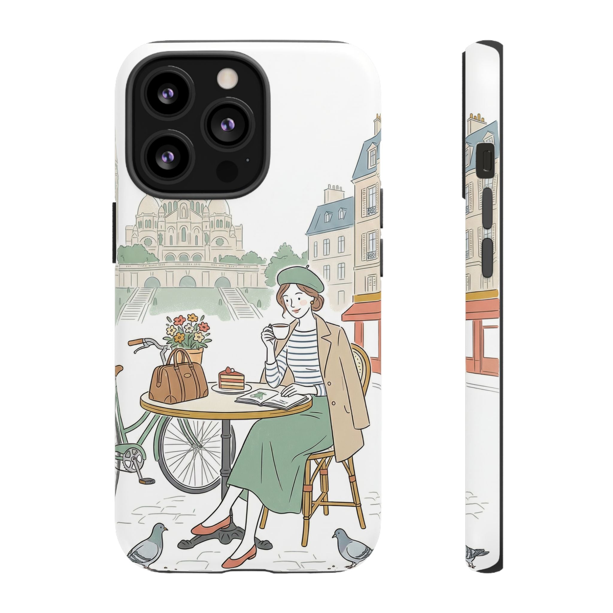 Paris Cafe Illustration iPhone Case | Vintage Bicycles & Pigeons Protective Cover