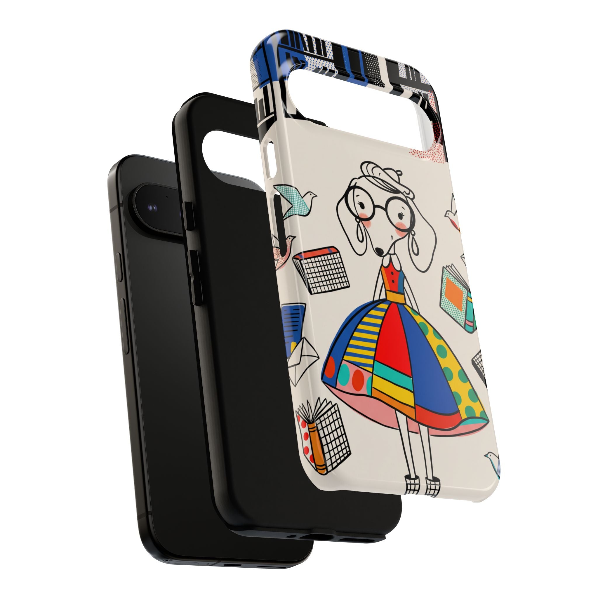 Illustrazione di un simpatico bassotto per cover Google Pixel | Design colorato e fantasioso con libri e uccellini