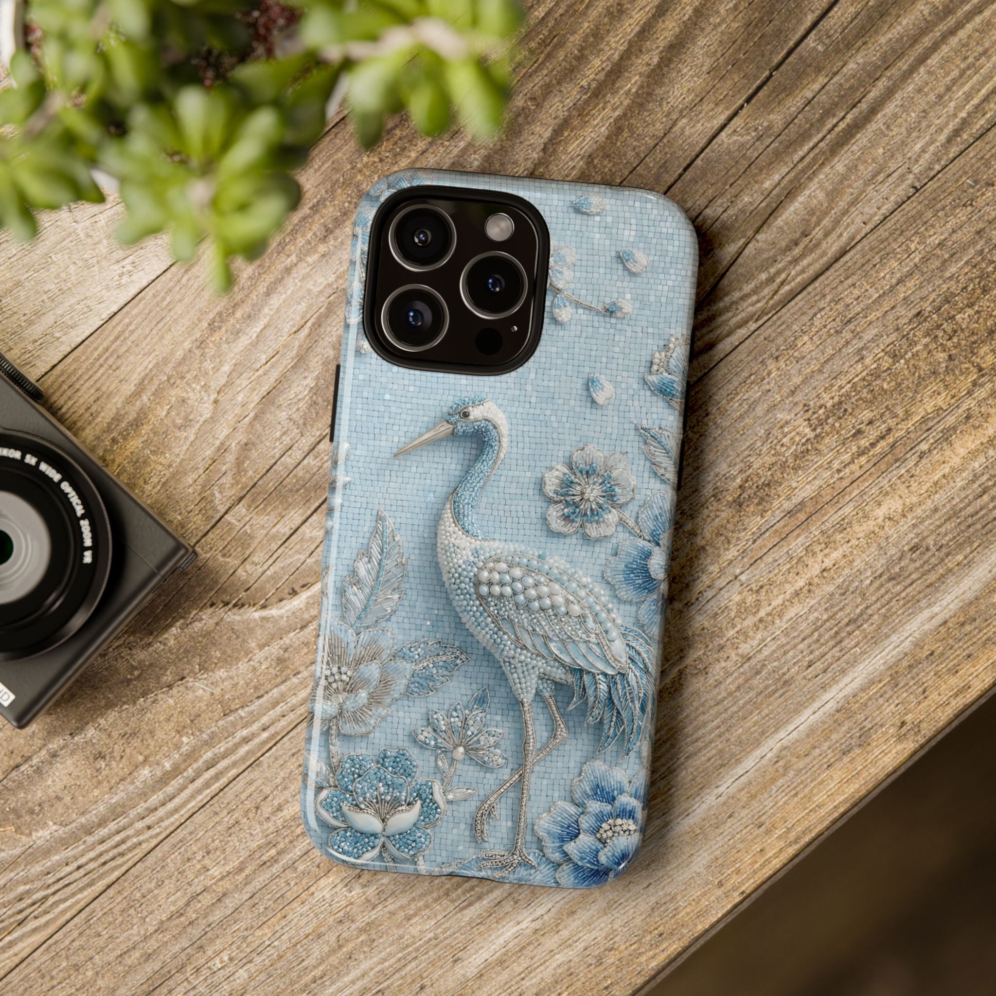 Blue Crane Floral iPhone Case | Vintage Embossed Bird Design