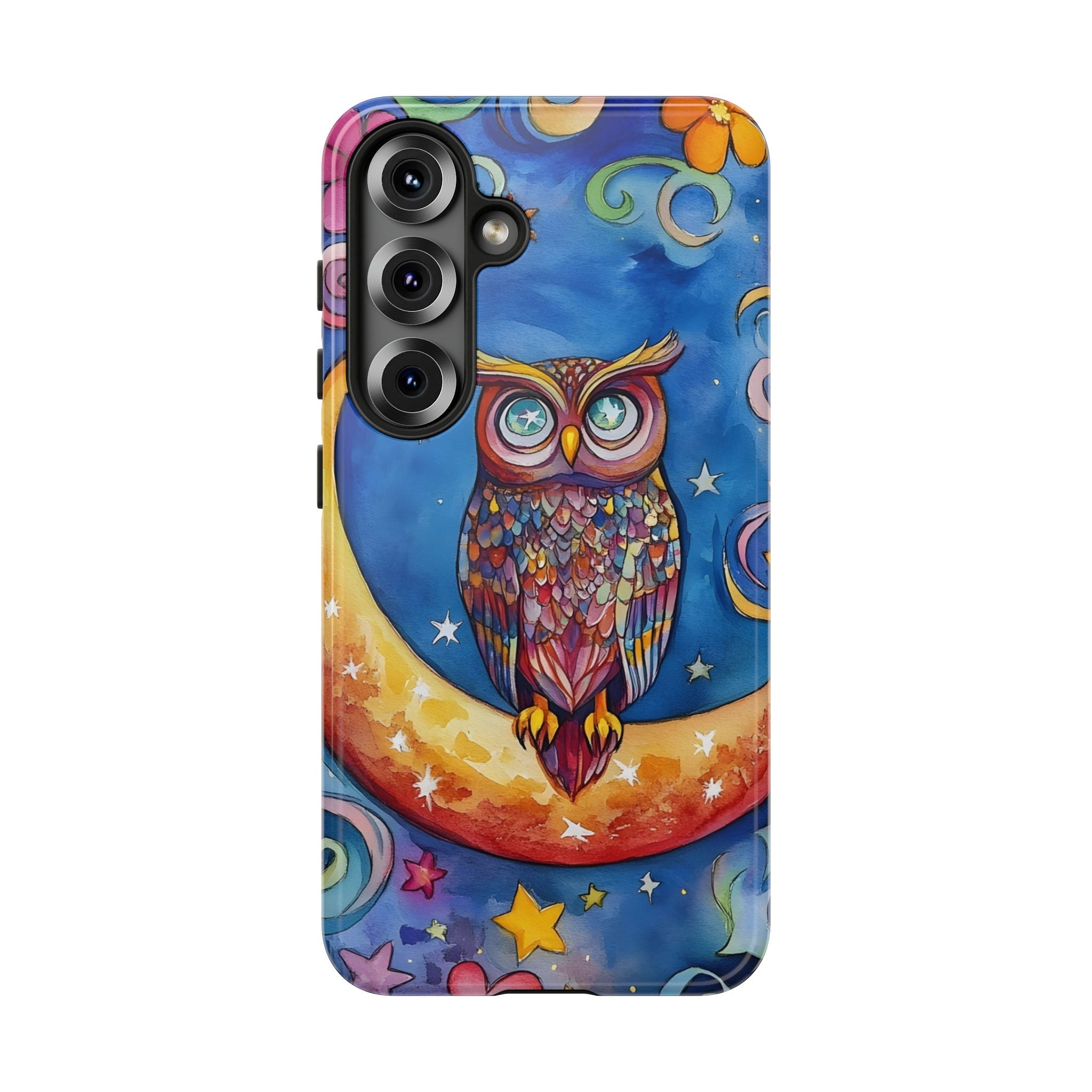 Owl on Crescent Moon Samsung Galaxy Case — Colourful Whimsical Night Sky Design