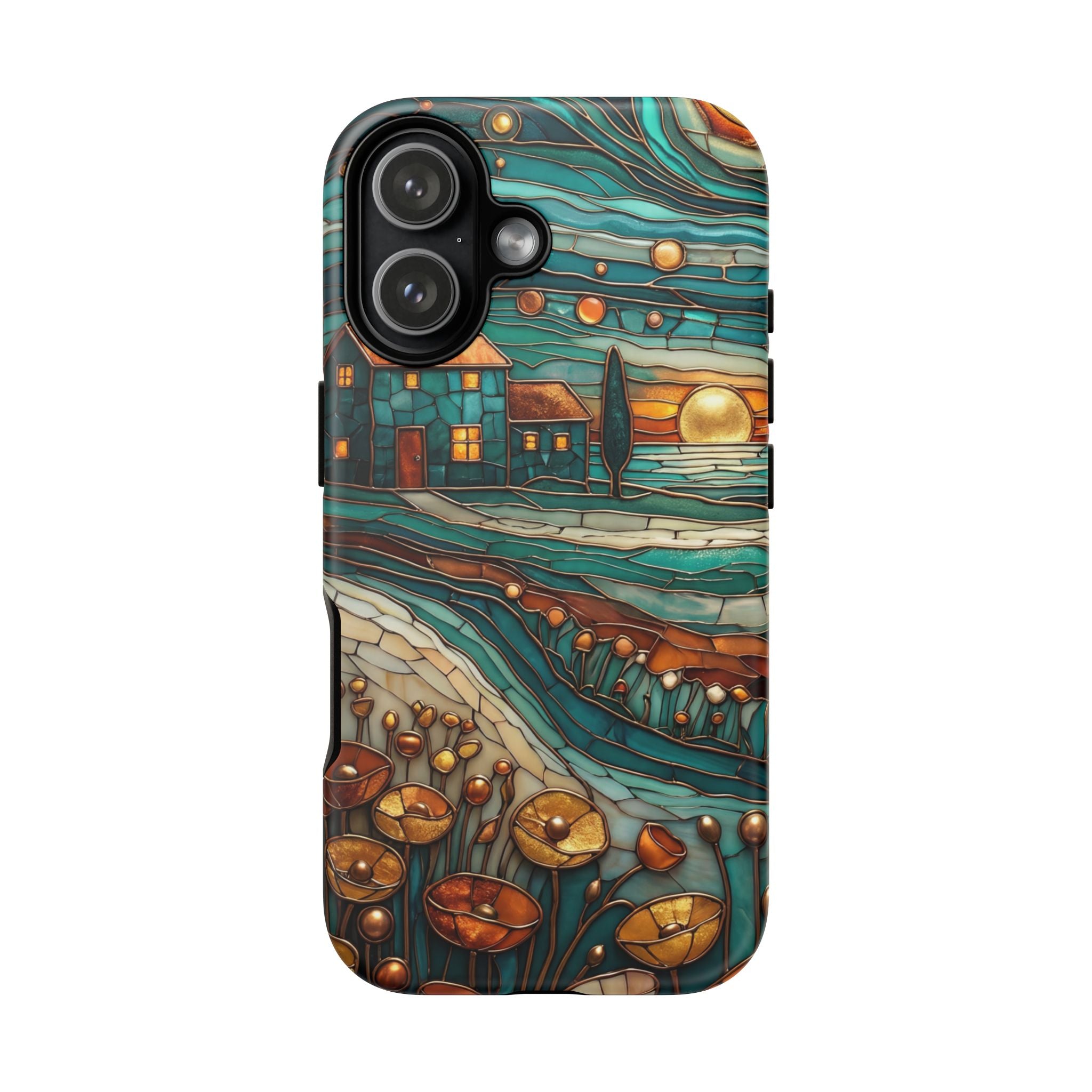 Artistic Sunset Cottage iPhone Case | Whimsical Floral Landscape Protective Cover