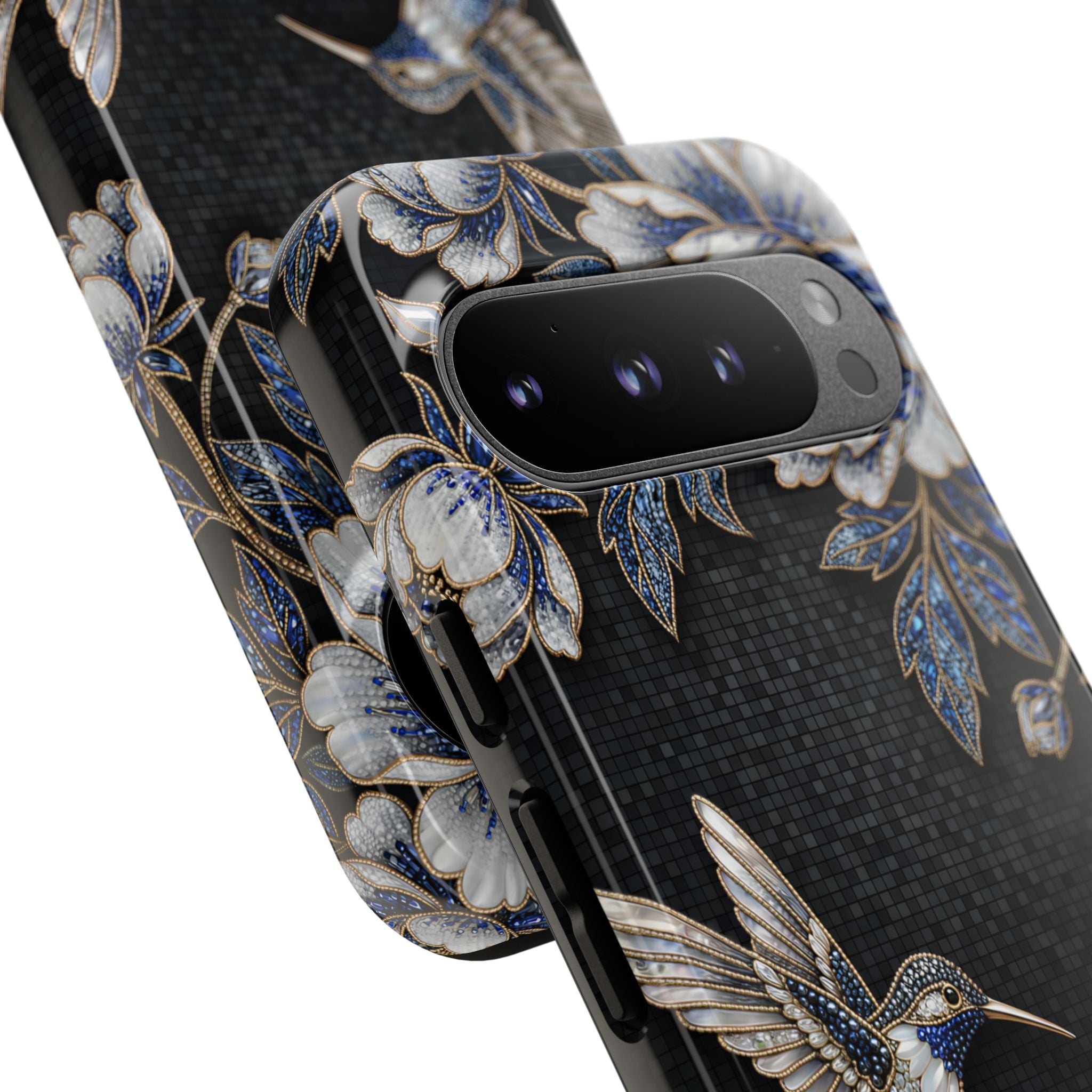 Hummingbird & Peony Floral Google Pixel Phone Case | Elegant Black Protective Cover