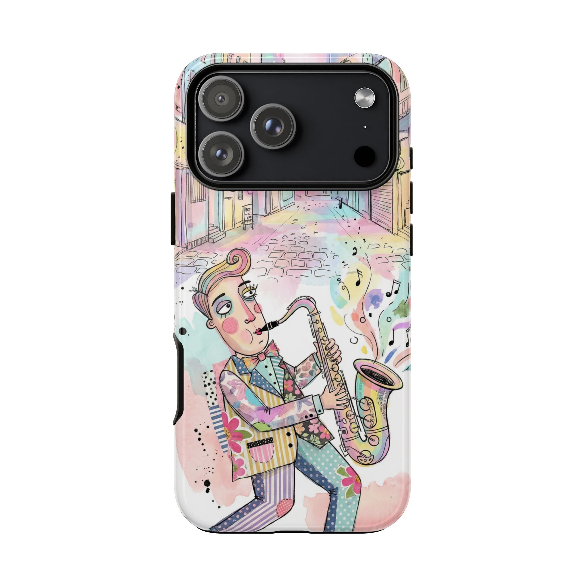 Sax Player Art iPhone Case | Pastel Jazz Street Illustration