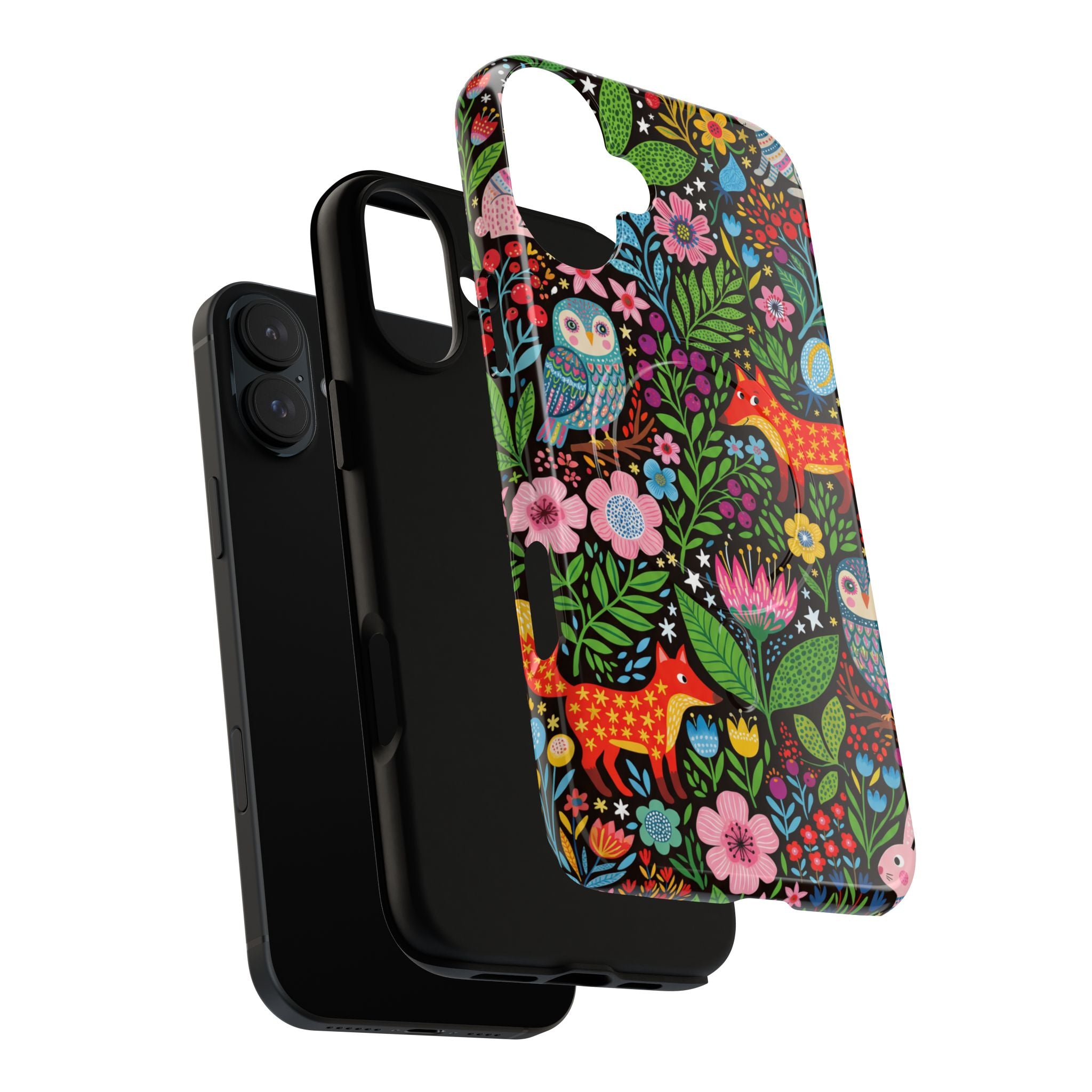 Floral Woodland MagSafe iPhone Case | Colourful Fox & Owl Protective Cover