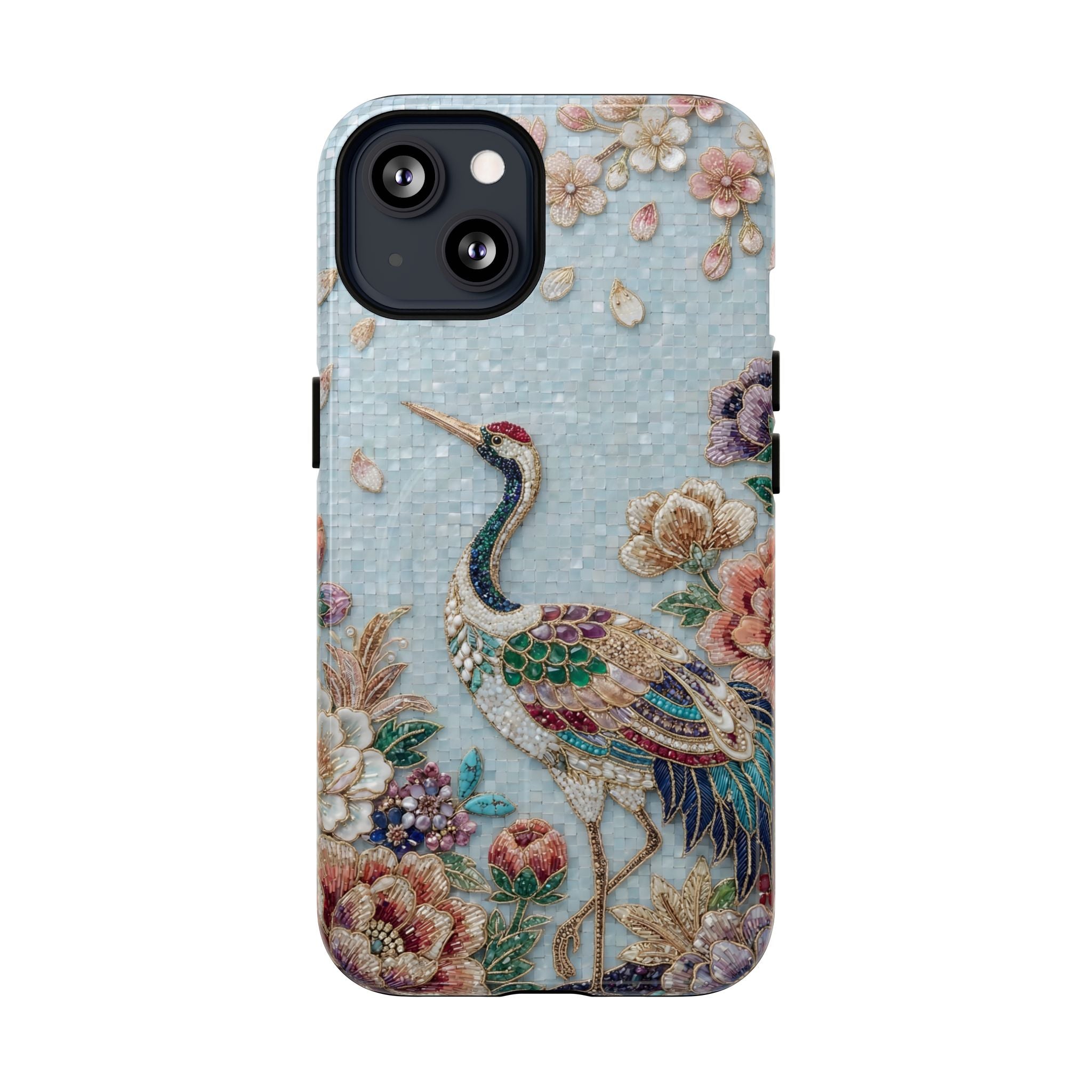 Floral Crane Tough MagSafe iPhone Case | Vintage Embroidered Bird Protection