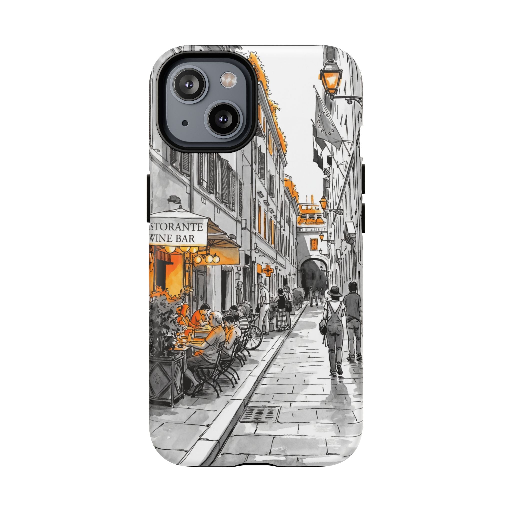Custodia per iPhone con scena di strada in Italia | Custodia MagSafe resistente con dettagli arancioni