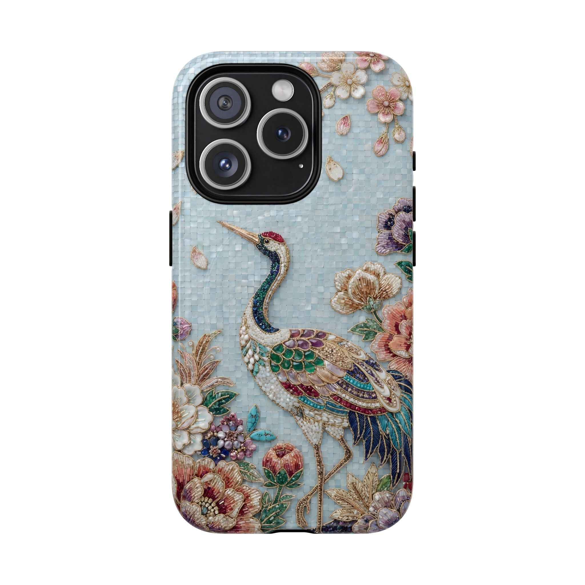 Floral Crane Tough MagSafe iPhone Case | Vintage Embroidered Bird Protection