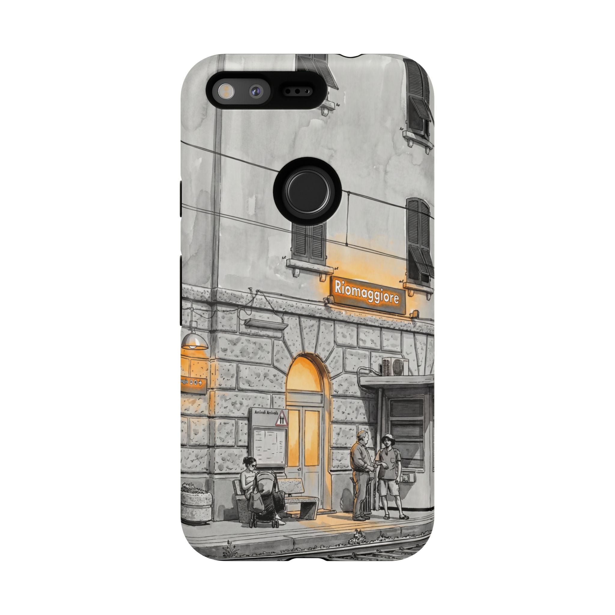 Cinque Terre Train Station Google Pixel Case | Black & White Sketch with Warm Yellow Accents
