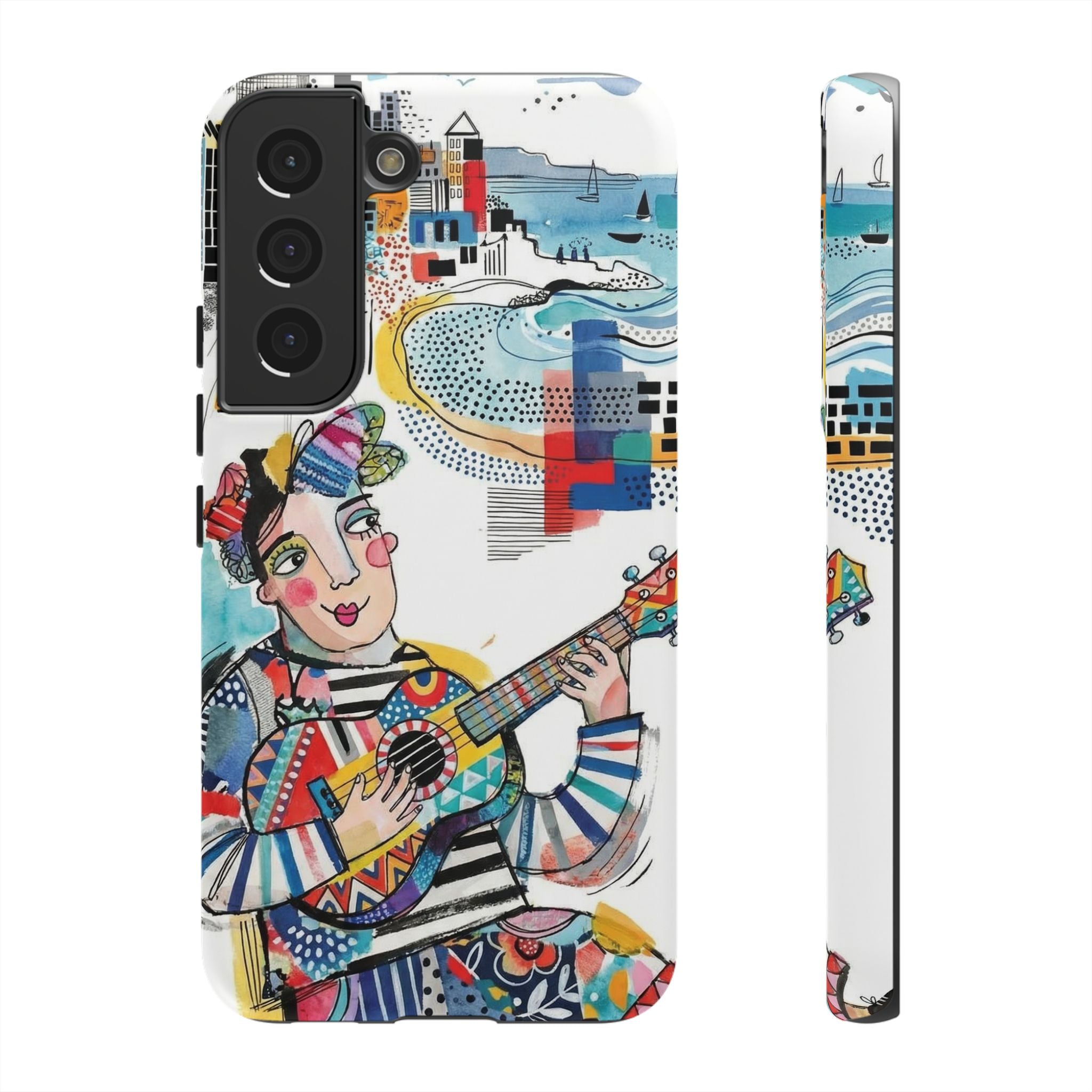 Custodia per Samsung Galaxy per Musicisti Artistici | Custodia Resistente con Chitarra Colorata e Paesaggio Urbano