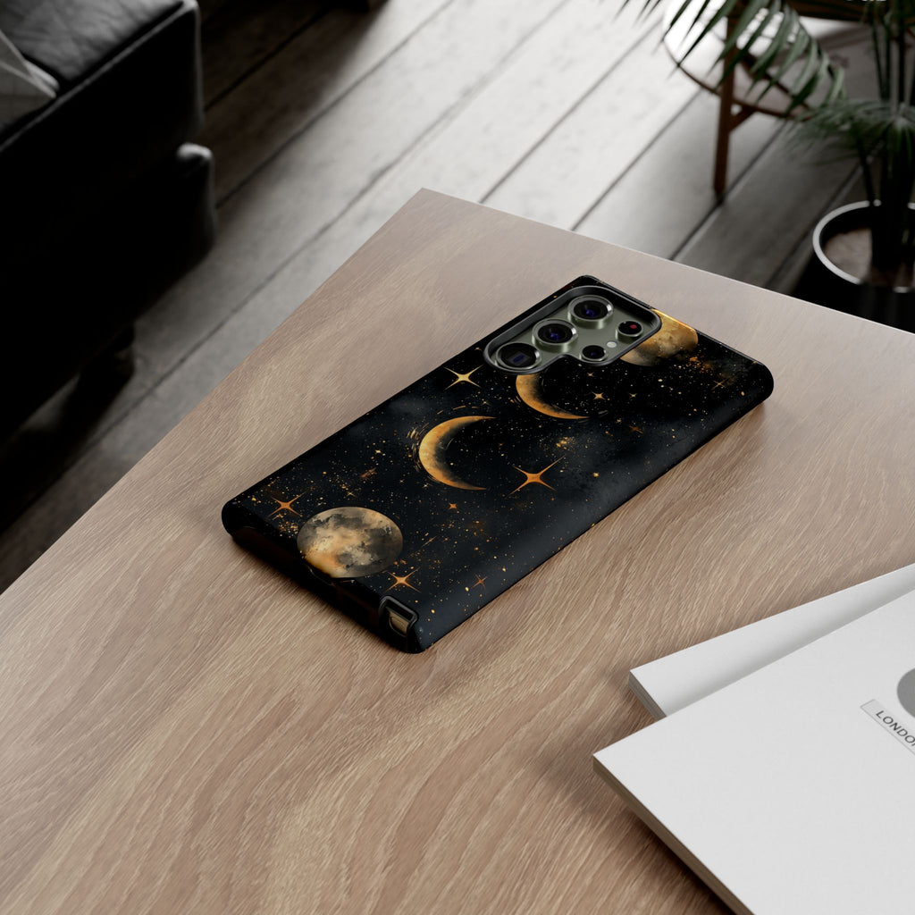 Celestial Moon Phases Tough Samsung Galaxy Case | Gold Crescent & Full Moon Galaxy Design