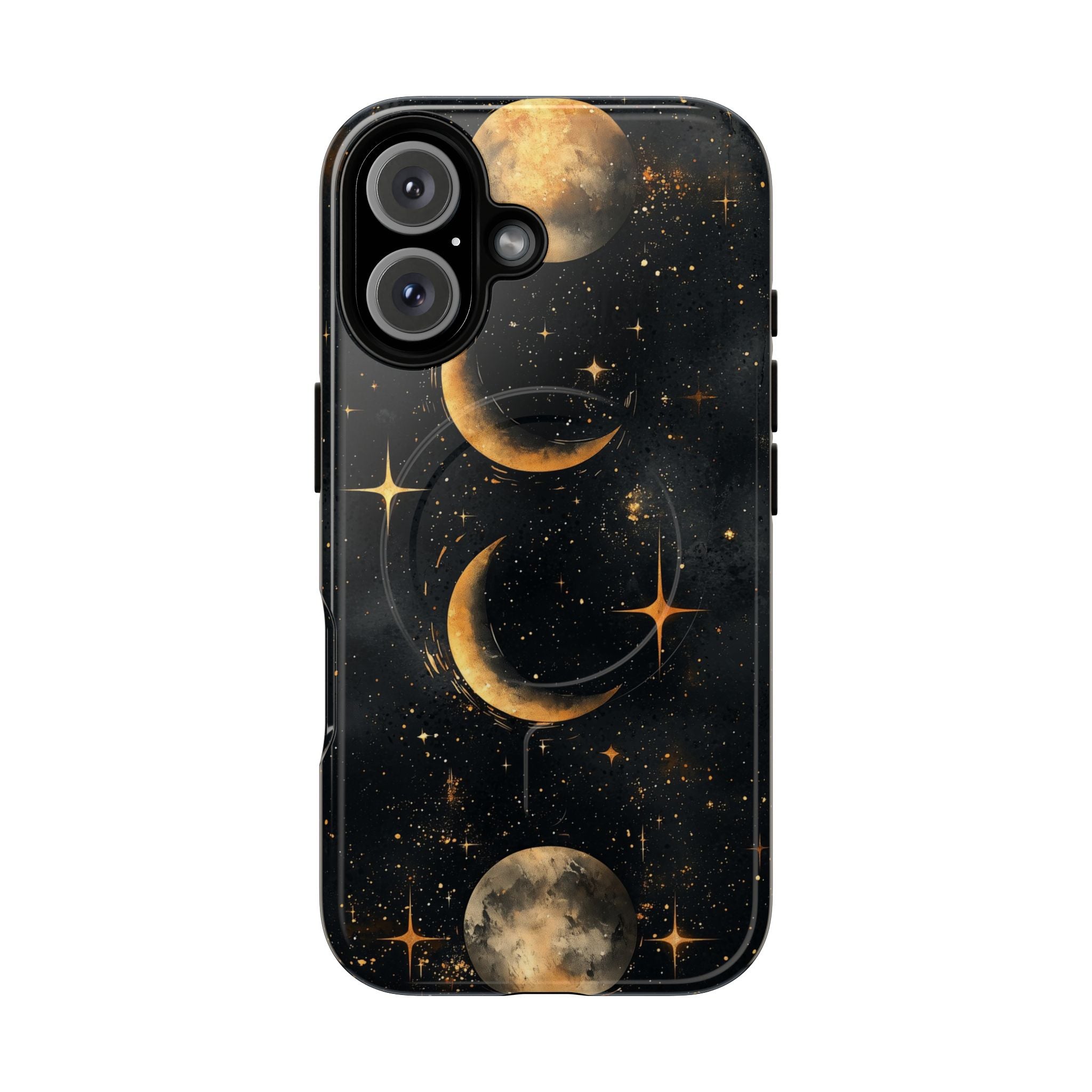 Custodia rigida MagSafe per iPhone con fasi lunari celestiali | Design a forma di galassia con mezzaluna dorata e luna piena