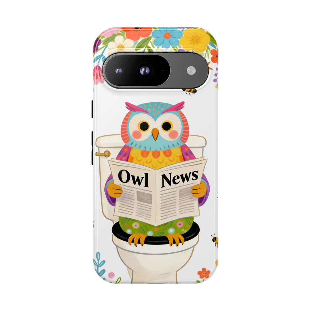 Owl News Floral Google Pixel Phone Case | Cute Owl Reading Newspaper on Toilet
