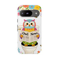 Owl News Floral Google Pixel Phone Case | Cute Owl Reading Newspaper on Toilet