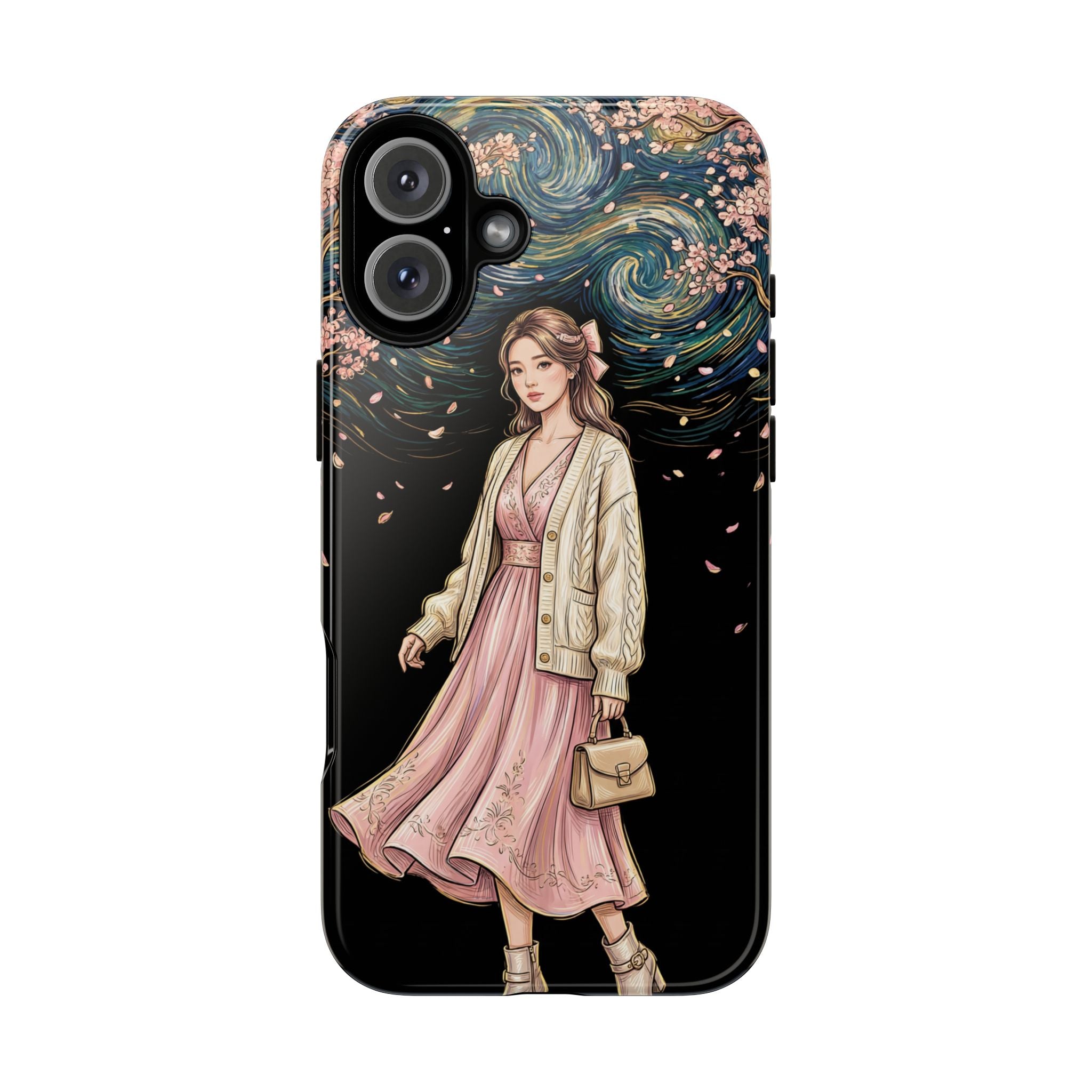 Floral Starry Night iPhone Case | Elegant Girl in Pink Dress