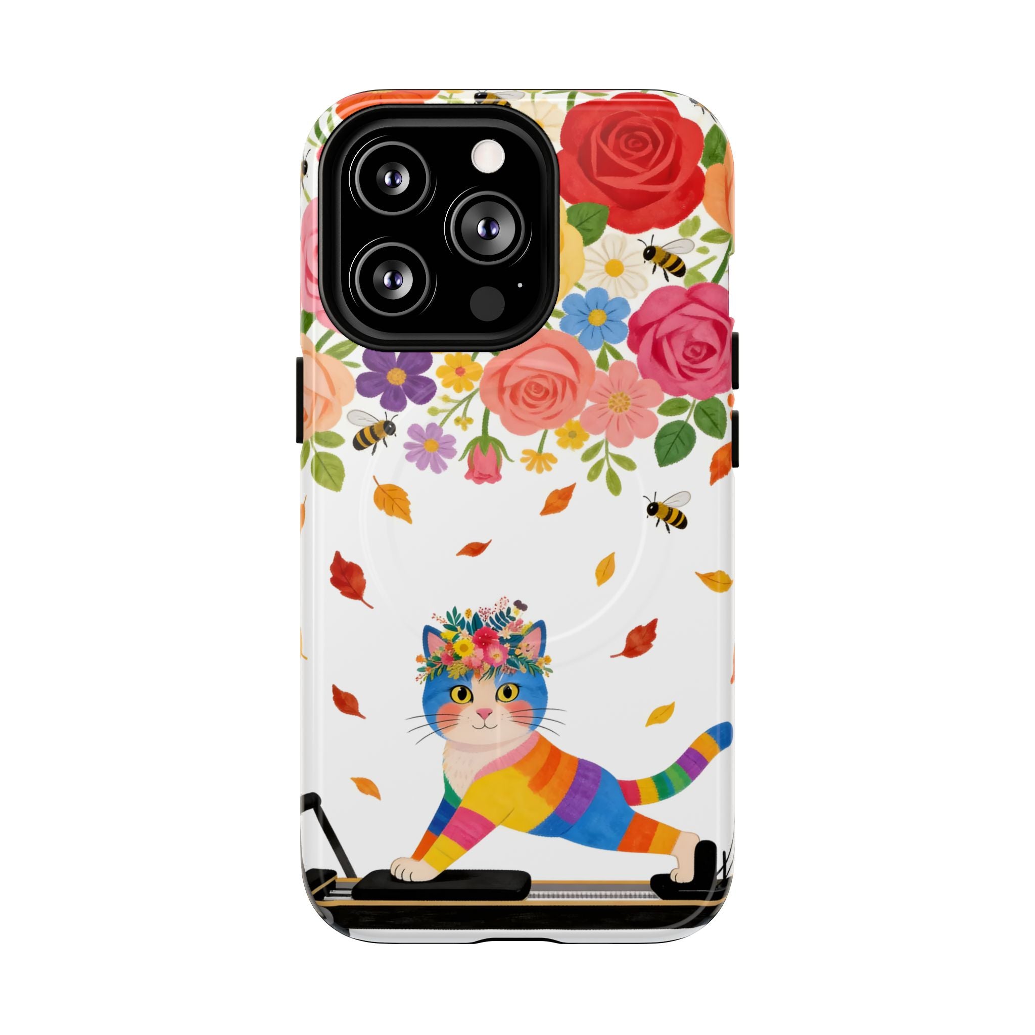 Floral Rainbow Cat Tough MagSafe iPhone Case — Colorful Pilates Cat Design