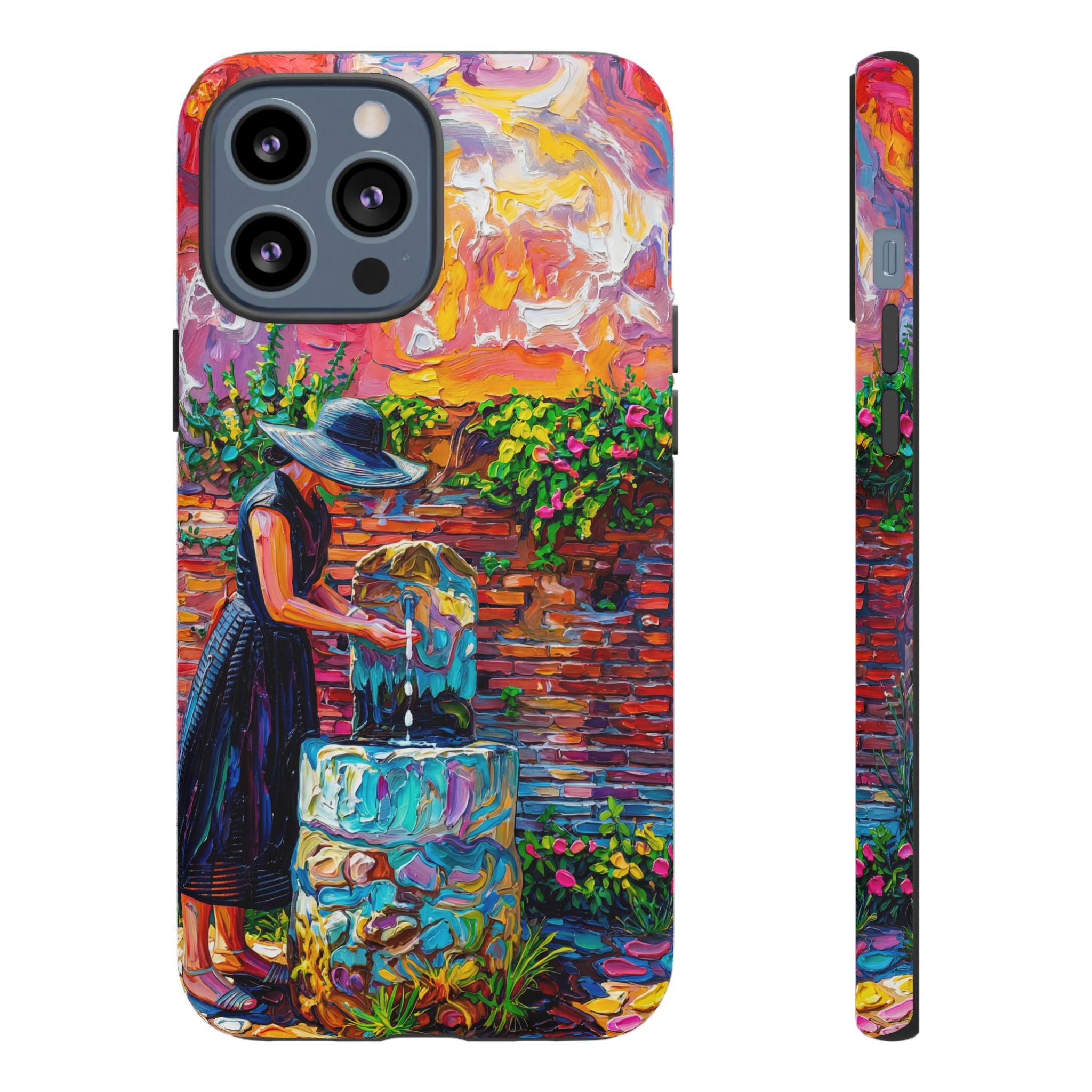 Artistic Garden iPhone Case | Woman at Fountain Colourful Painterly Design