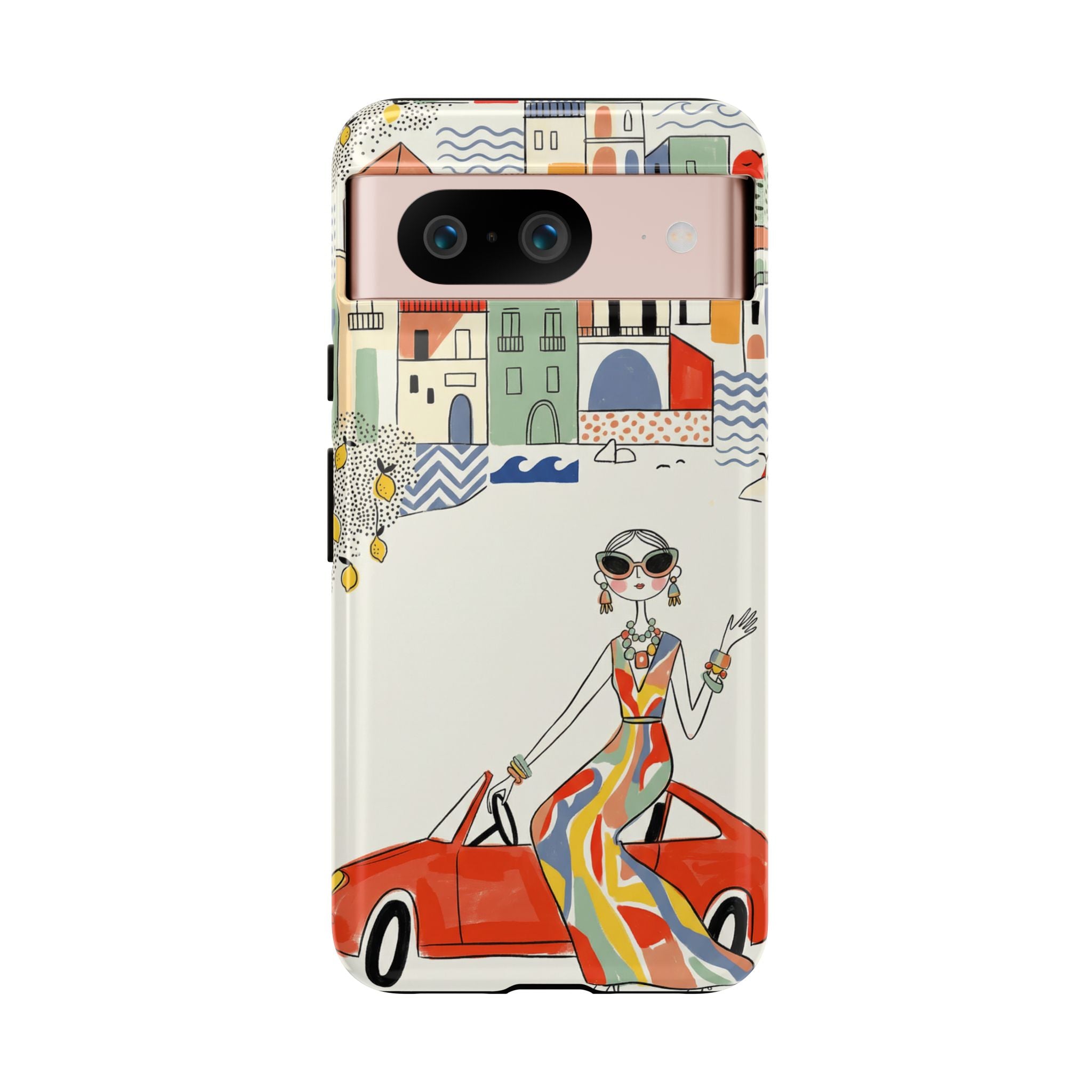 Stylish Riviera Google Pixel Phone Case | Chic Retro Woman in Convertible Design
